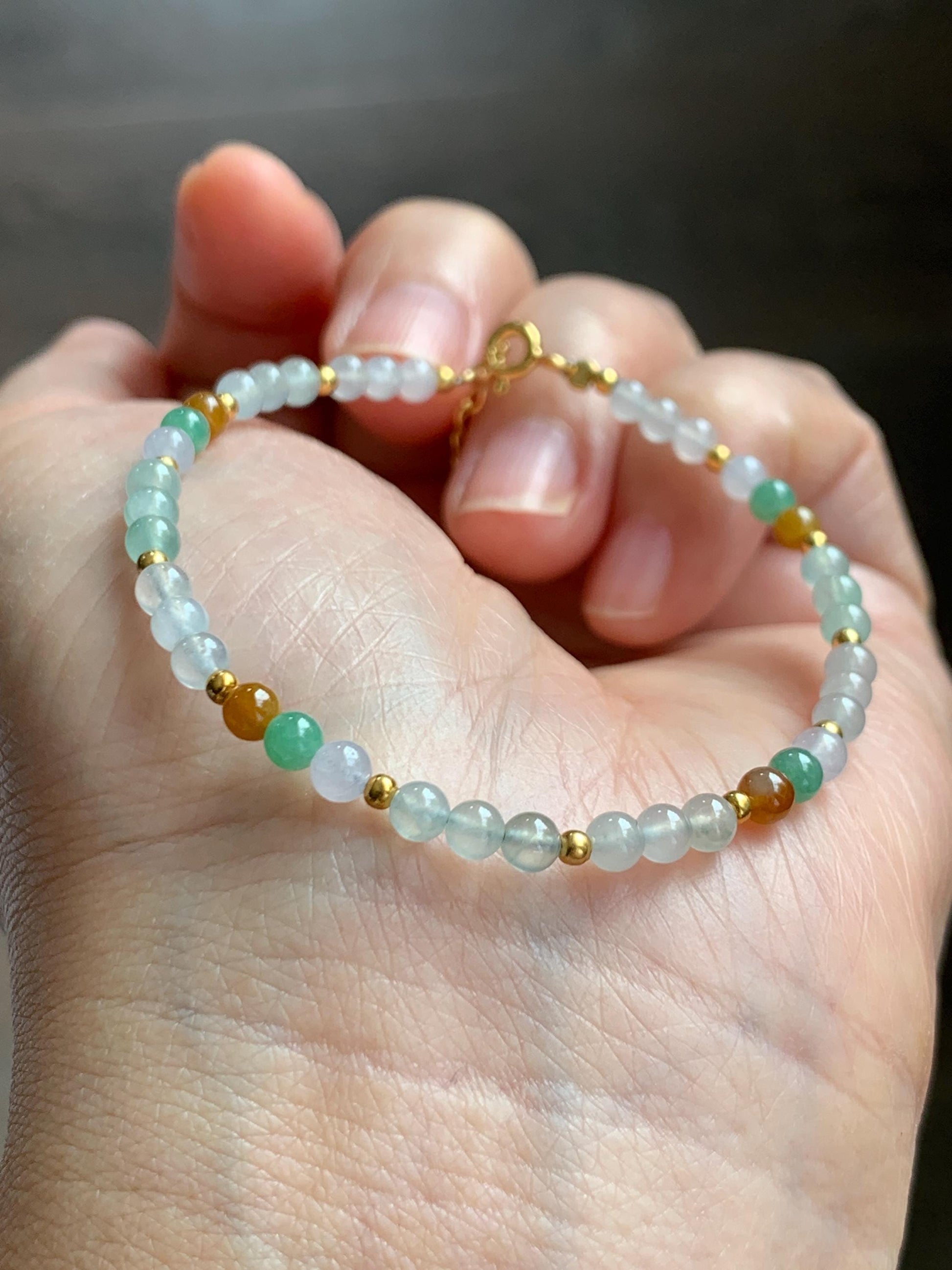Petite Natural Grade A Icy Highly Translucent Multicolored Jade Jadeite Beads Sterling Silver Beaded Bracelet 6.5”-7.5” 天然冰多宝翡翠小珠手串 MXB550A