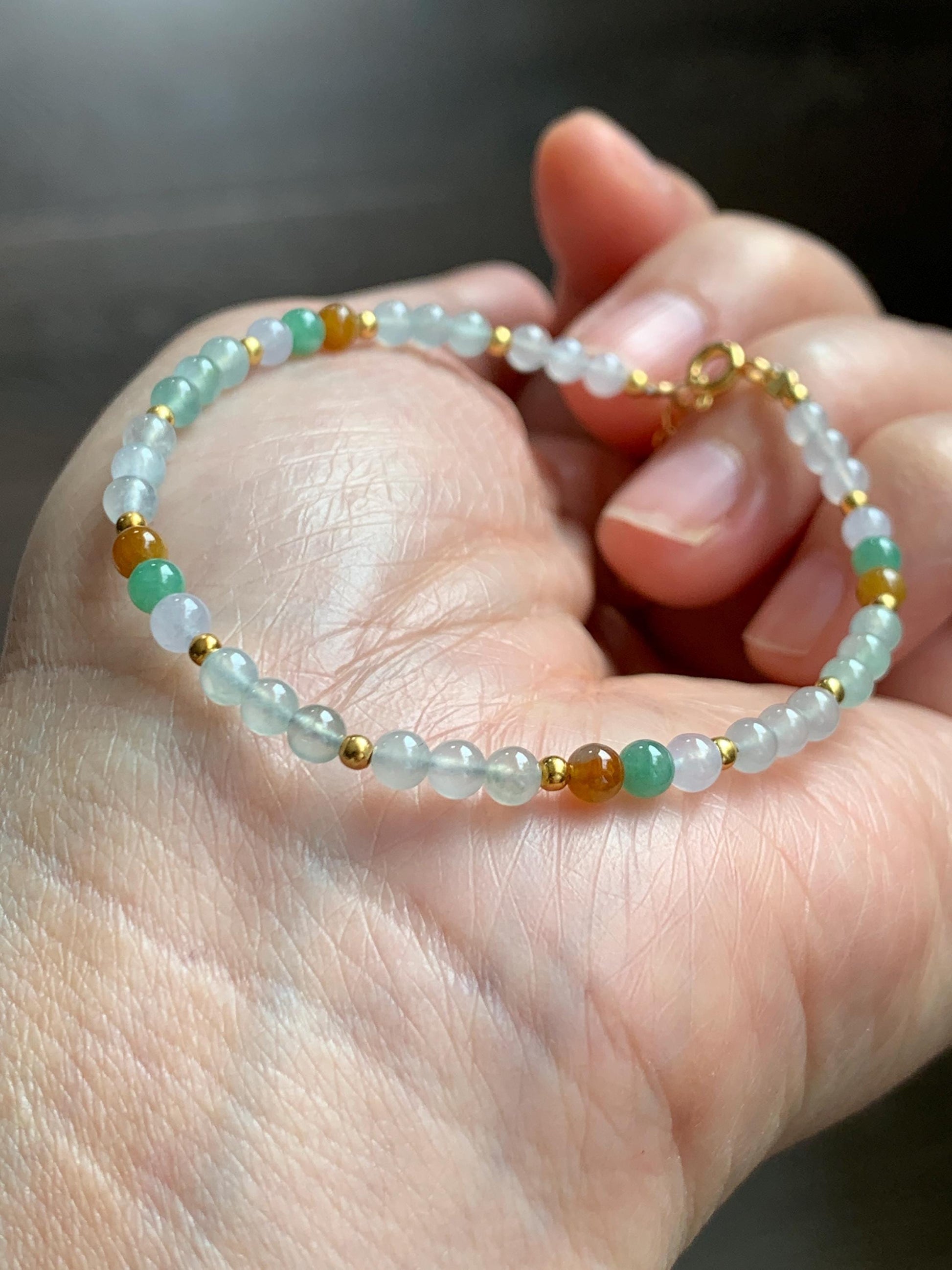 Petite Natural Grade A Icy Highly Translucent Multicolored Jade Jadeite Beads Sterling Silver Beaded Bracelet 6.5”-7.5” 天然冰多宝翡翠小珠手串 MXB550A