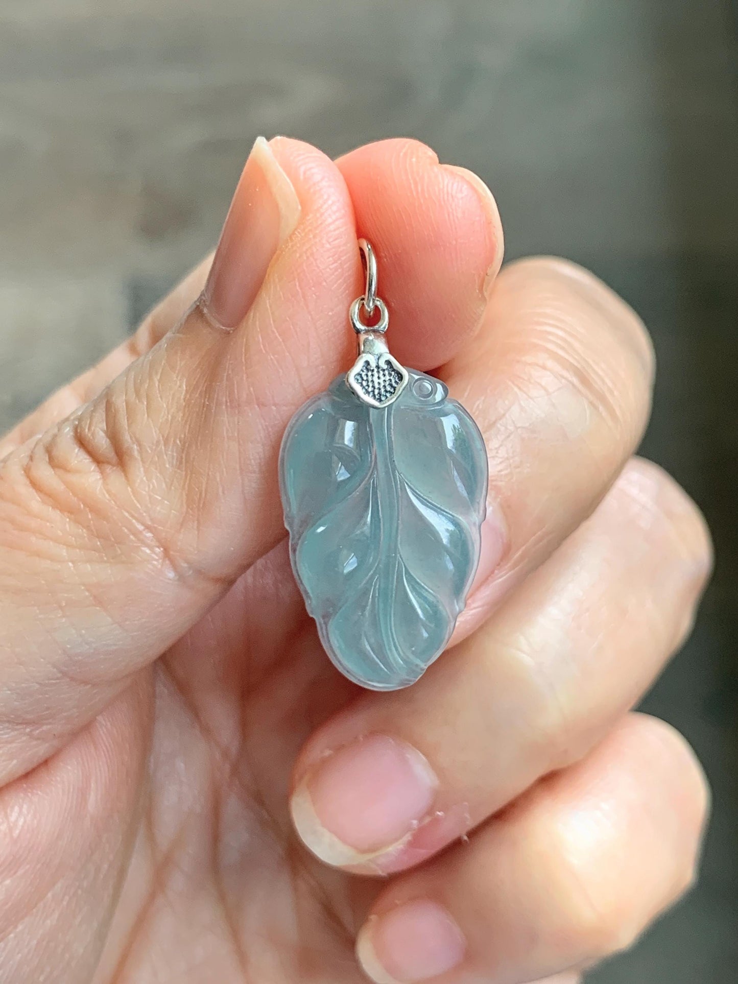 Natural Grade A Guatemalan Icy Highly Translucent Light Dusty Blue Jade Jadeite Carved Leaf Pendant Sterling Silver 天然冰胶危浅蓝翡翠大叶有成银镶吊坠 WLD55A