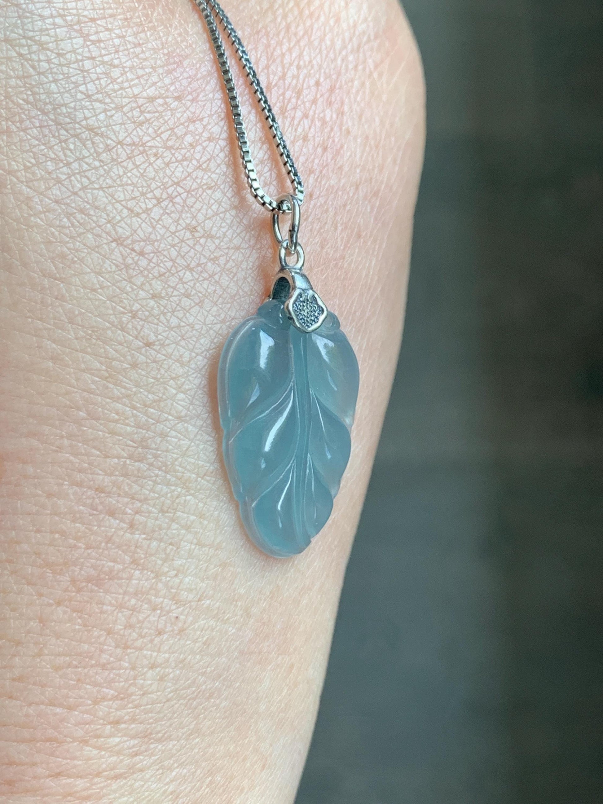 Natural Grade A Guatemalan Icy Highly Translucent Light Dusty Blue Jade Jadeite Carved Leaf Pendant Sterling Silver 天然冰胶危浅蓝翡翠大叶有成银镶吊坠 WLD55A