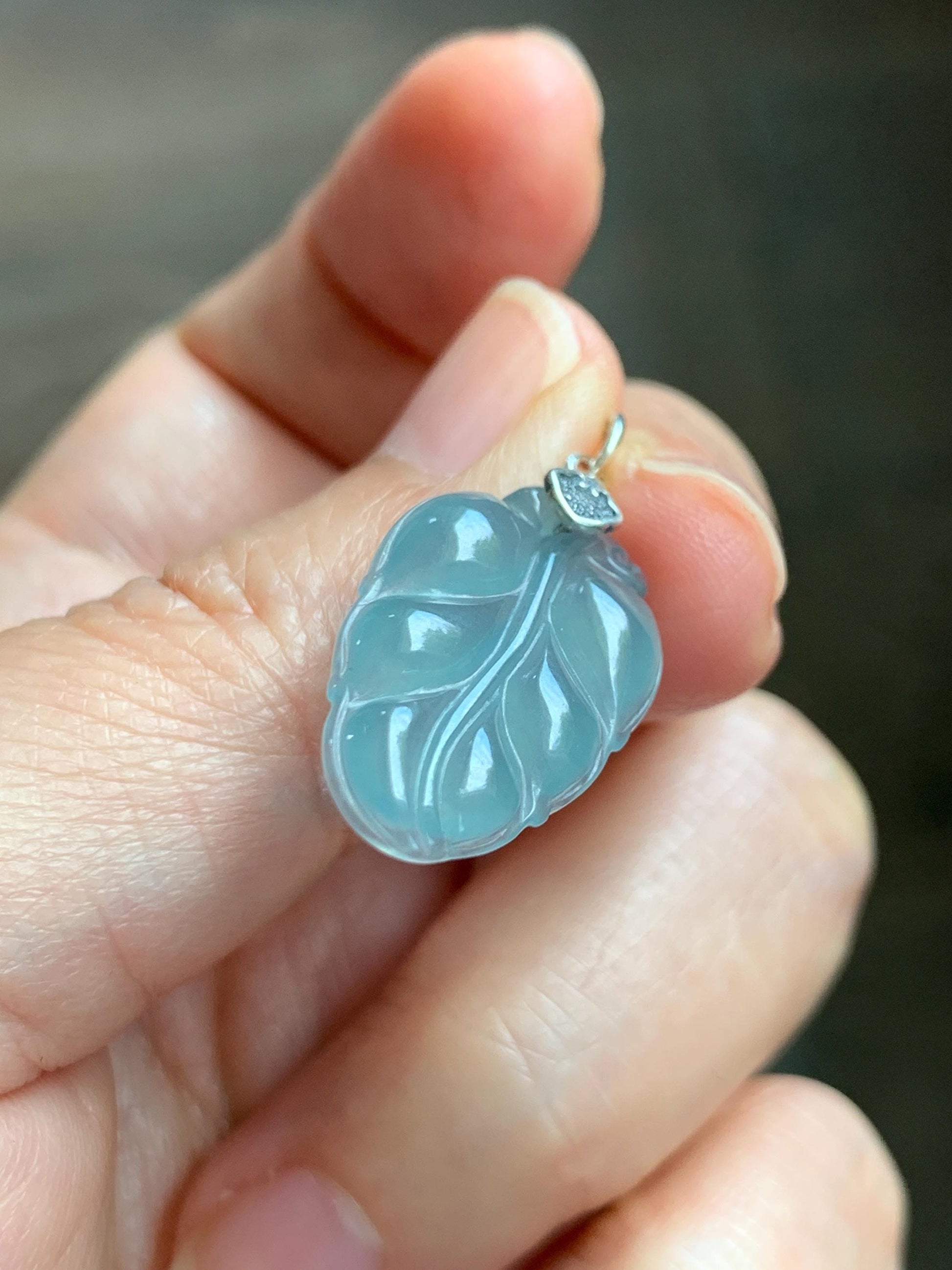 Natural Grade A Guatemalan Icy Highly Translucent Light Dusty Blue Jade Jadeite Carved Leaf Pendant Sterling Silver 天然冰胶危浅蓝翡翠大叶有成银镶吊坠 WLD55A