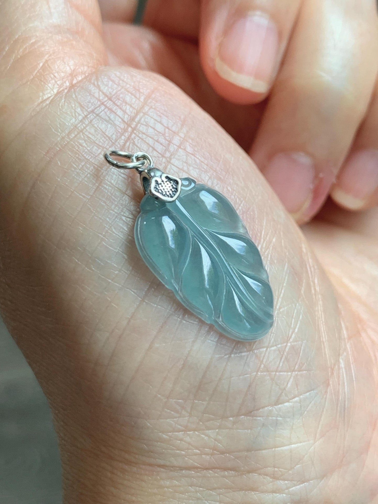 Natural Grade A Guatemalan Icy Highly Translucent Light Dusty Blue Jade Jadeite Carved Leaf Pendant Sterling Silver 天然冰胶危浅蓝翡翠大叶有成银镶吊坠 WLD55A