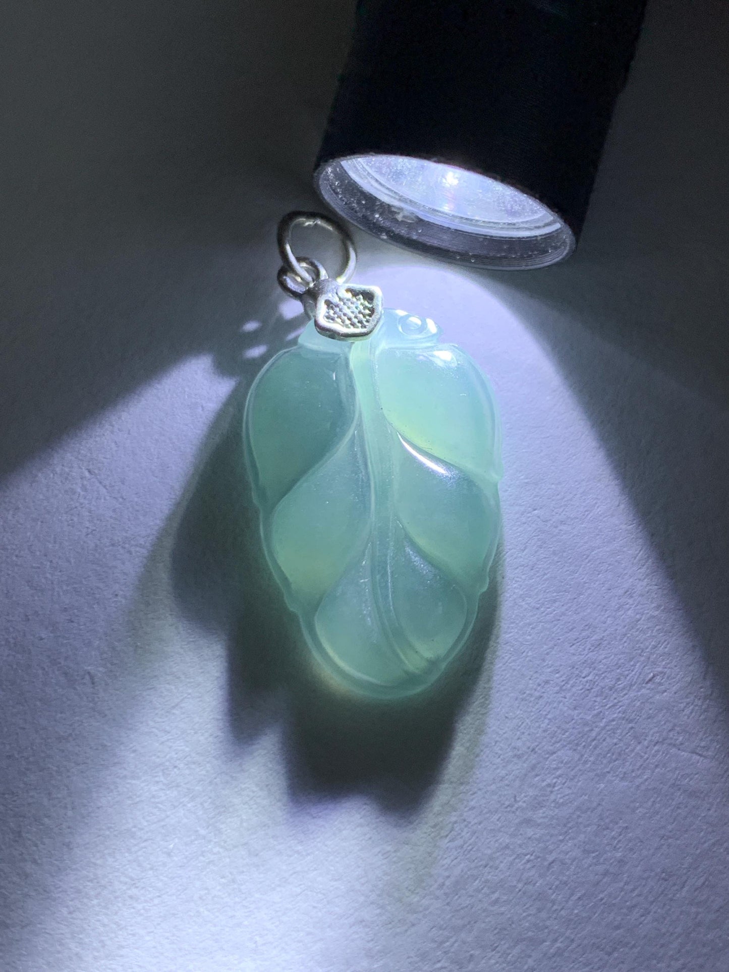 Natural Grade A Guatemalan Icy Highly Translucent Light Dusty Blue Jade Jadeite Carved Leaf Pendant Sterling Silver 天然冰胶危浅蓝翡翠大叶有成银镶吊坠 WLD55A