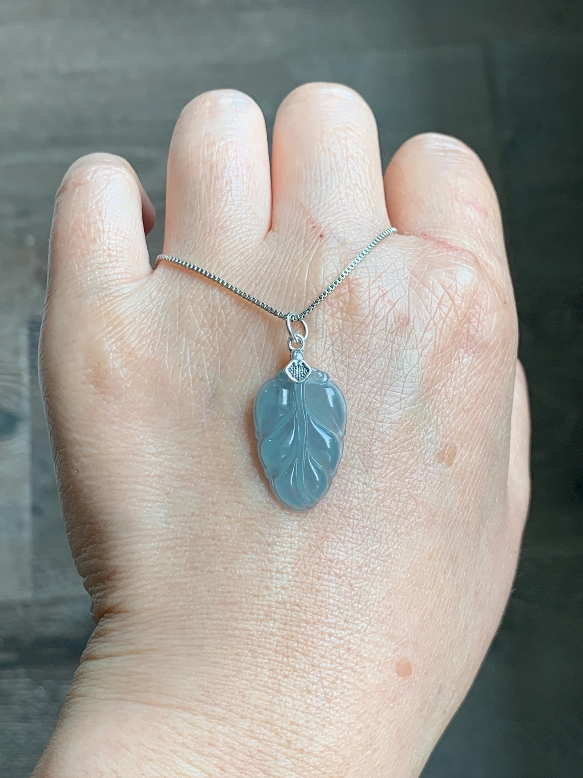 Natural Grade A Guatemalan Icy Highly Translucent Light Dusty Blue Jade Jadeite Carved Leaf Pendant Sterling Silver 天然冰胶危浅蓝翡翠大叶有成银镶吊坠 WLD55A