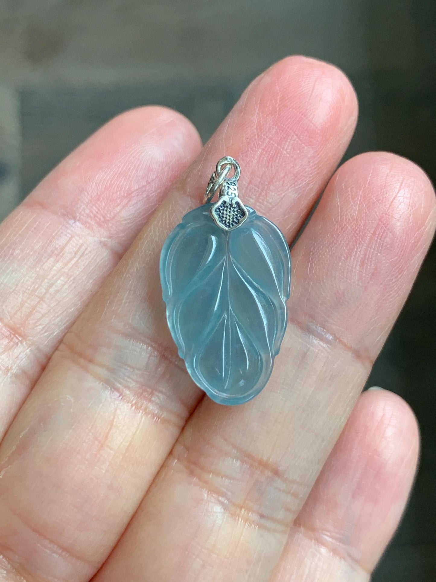 Natural Grade A Guatemalan Icy Highly Translucent Light Dusty Blue Jade Jadeite Carved Leaf Pendant Sterling Silver 天然冰胶危浅蓝翡翠大叶有成银镶吊坠 WLD55A