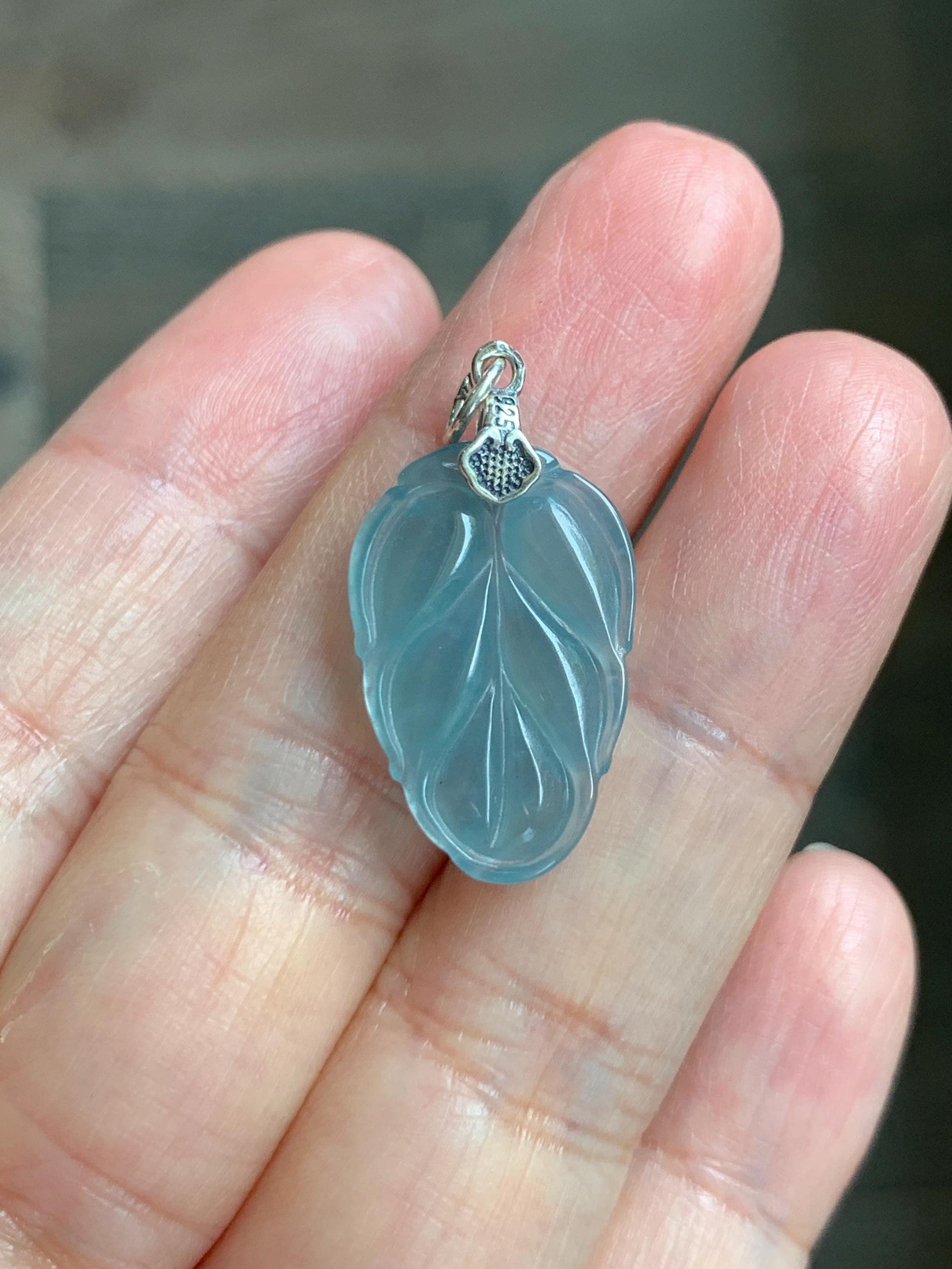 Natural Grade A Guatemalan Icy Highly Translucent Light Dusty Blue Jade Jadeite Carved Leaf Pendant Sterling Silver 天然冰胶危浅蓝翡翠大叶有成银镶吊坠 WLD55A