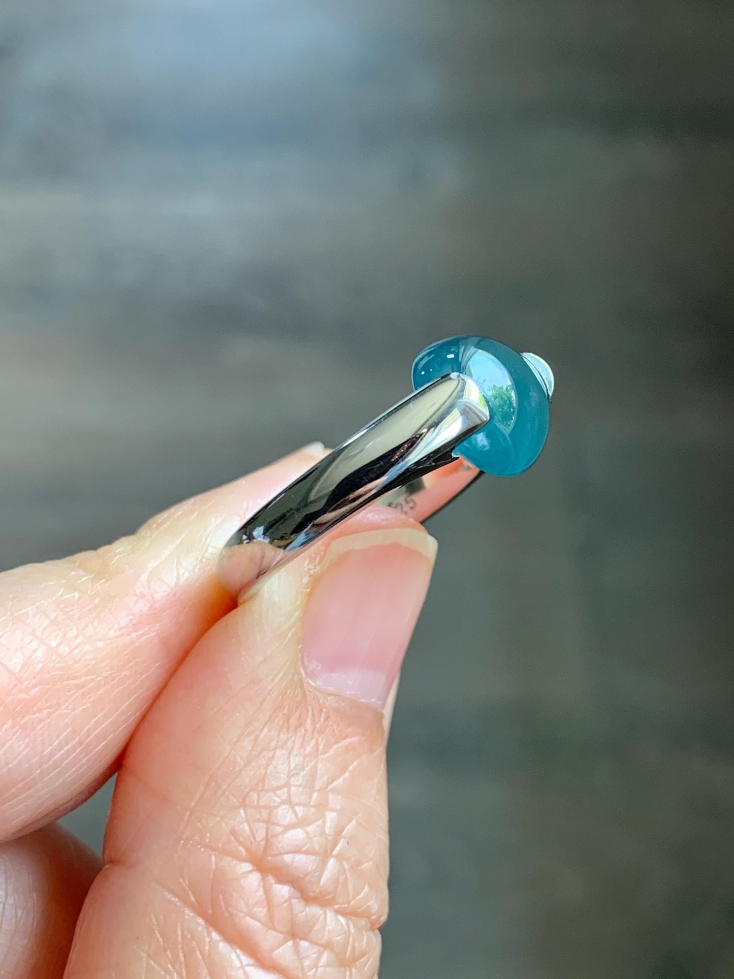 Natural Grade A Guatemalan Icy Translucent Dark Teal Blue Oval Cabochon Jade Jadeite Ring Sterling Silver Size 7.5 US 6g 天然冰危蓝绿翡翠银镶戒指WHS512B