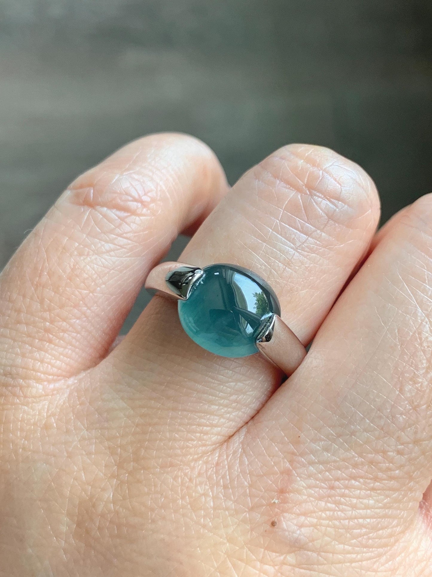 Natural Grade A Guatemalan Icy Translucent Dark Teal Blue Oval Cabochon Jade Jadeite Ring Sterling Silver Size 7.5 US 6g 天然冰危蓝绿翡翠银镶戒指WHS512B