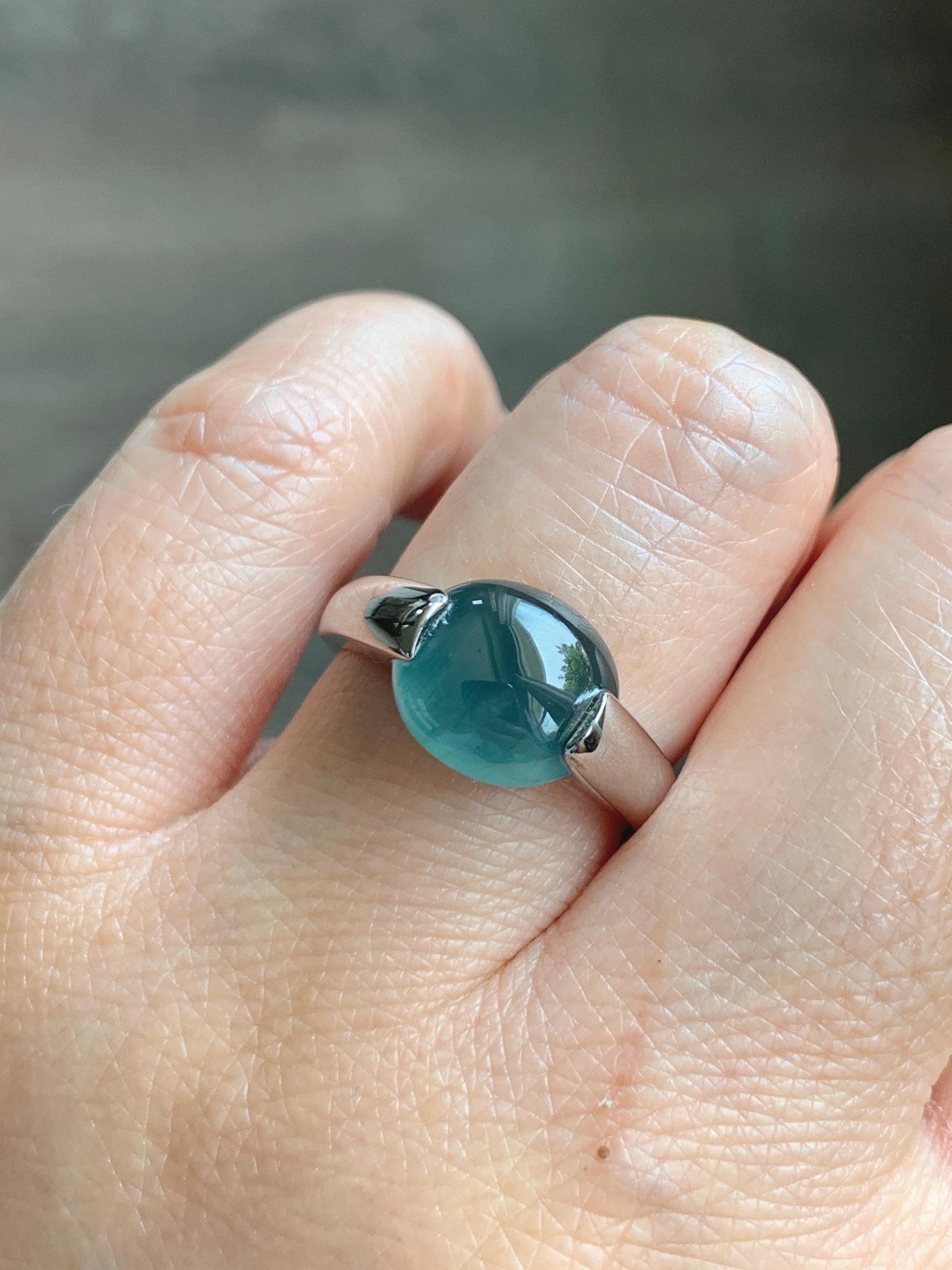 Natural Grade A Guatemalan Icy Translucent Dark Teal Blue Oval Cabochon Jade Jadeite Ring Sterling Silver Size 7.5 US 6g 天然冰危蓝绿翡翠银镶戒指WHS512B