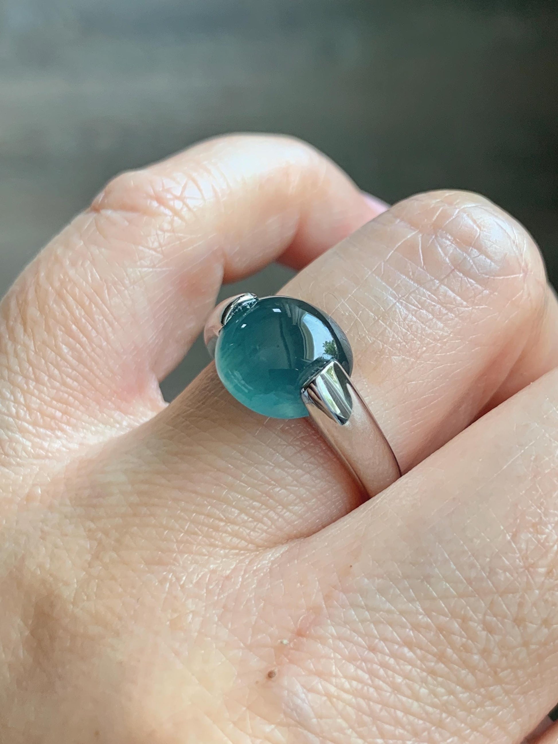 Natural Grade A Guatemalan Icy Translucent Dark Teal Blue Oval Cabochon Jade Jadeite Ring Sterling Silver Size 7.5 US 6g 天然冰危蓝绿翡翠银镶戒指WHS512B