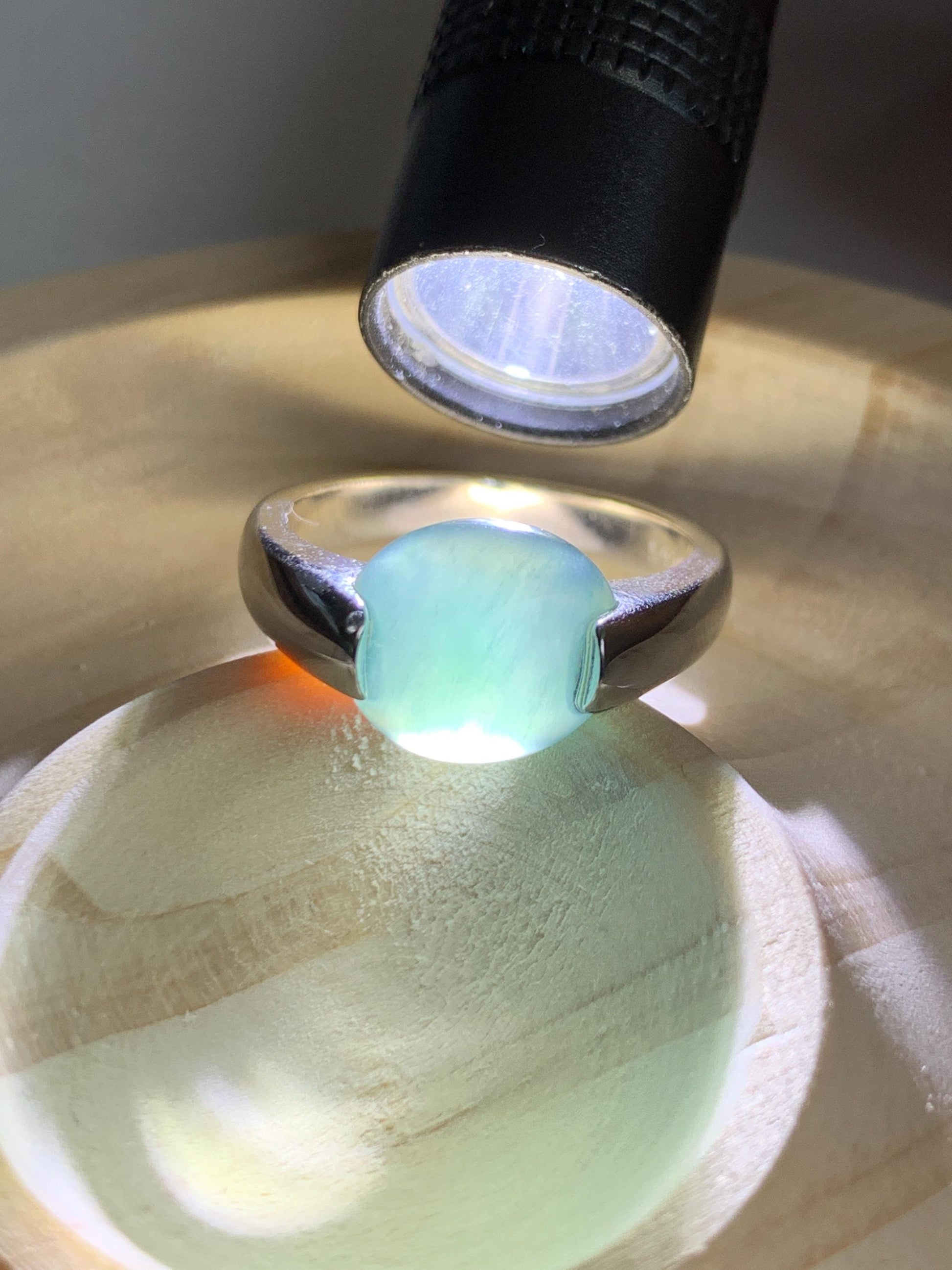 Natural Grade A Guatemalan Icy Translucent Dark Teal Blue Oval Cabochon Jade Jadeite Ring Sterling Silver Size 7.5 US 6g 天然冰危蓝绿翡翠银镶戒指WHS512B