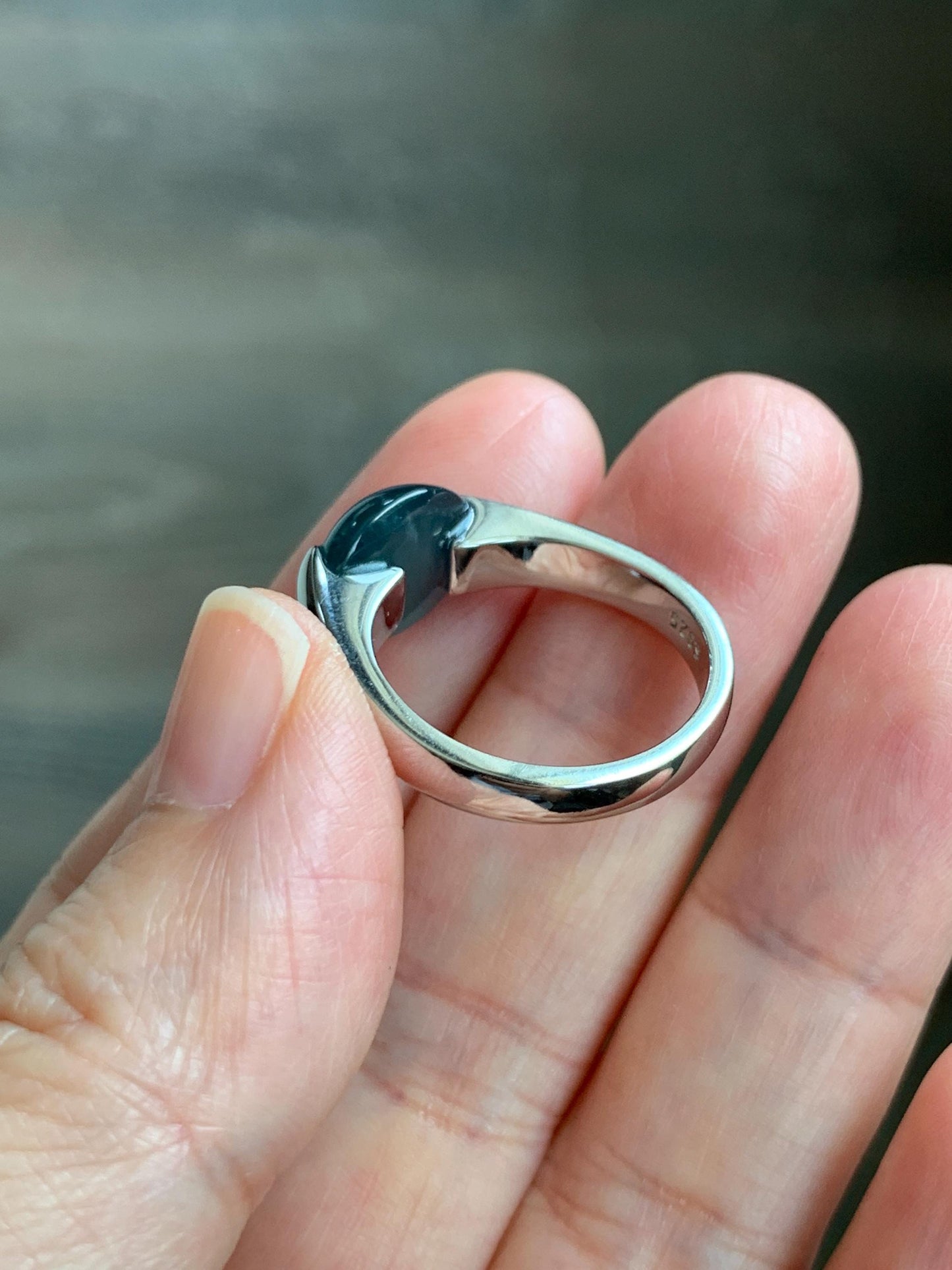 Natural Grade A Guatemalan Icy Translucent Dark Teal Blue Oval Cabochon Jade Jadeite Ring Sterling Silver Size 7.5 US 6g 天然冰危蓝绿翡翠银镶戒指WHS512B