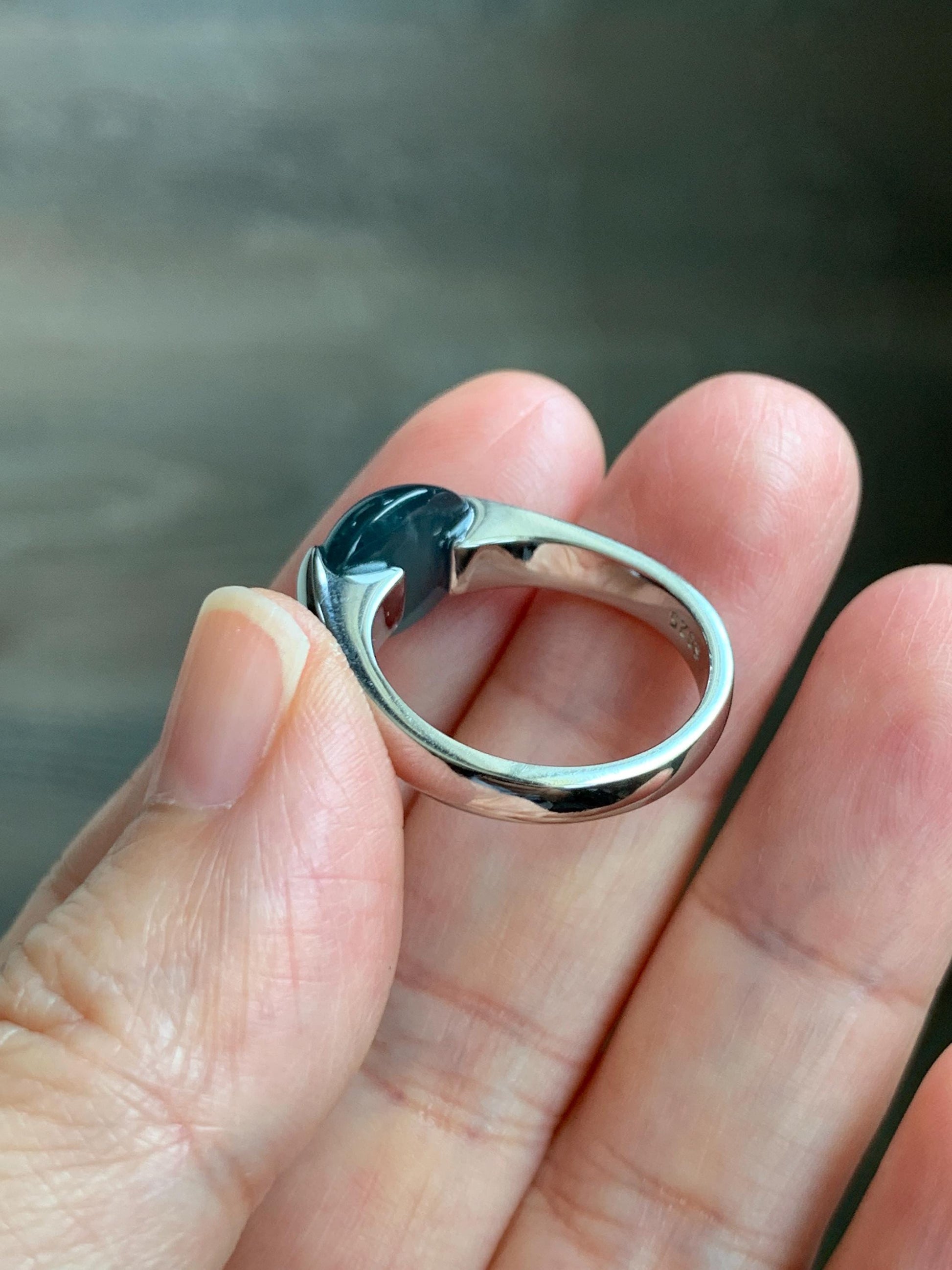 Natural Grade A Guatemalan Icy Translucent Dark Teal Blue Oval Cabochon Jade Jadeite Ring Sterling Silver Size 7.5 US 6g 天然冰危蓝绿翡翠银镶戒指WHS512B