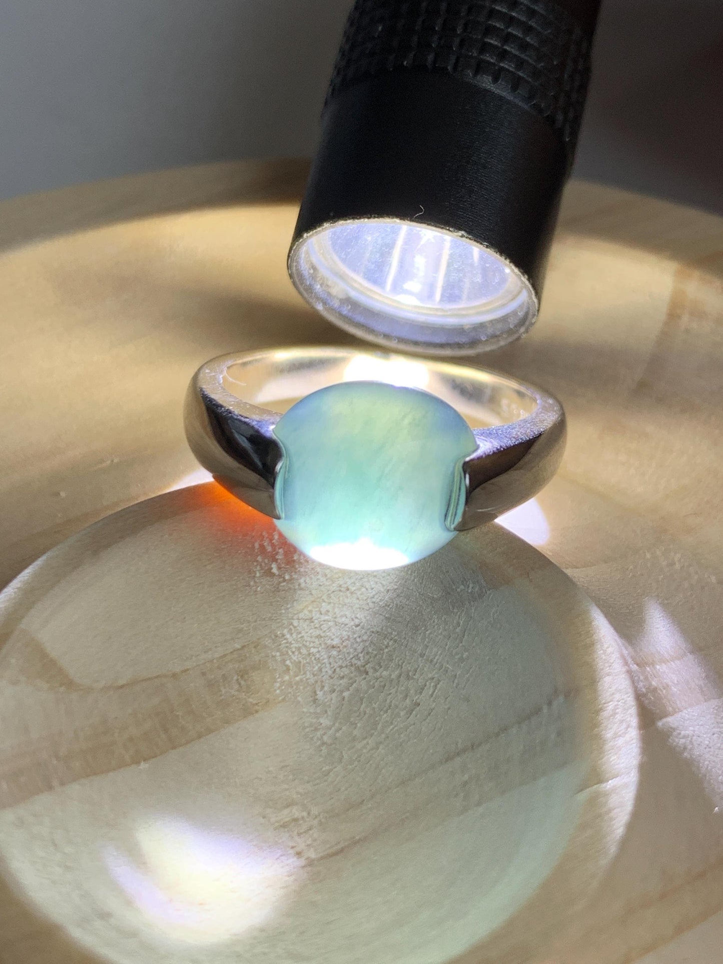 Natural Grade A Guatemalan Icy Translucent Dark Teal Blue Oval Cabochon Jade Jadeite Ring Sterling Silver Size 7.5 US 6g 天然冰危蓝绿翡翠银镶戒指WHS512B
