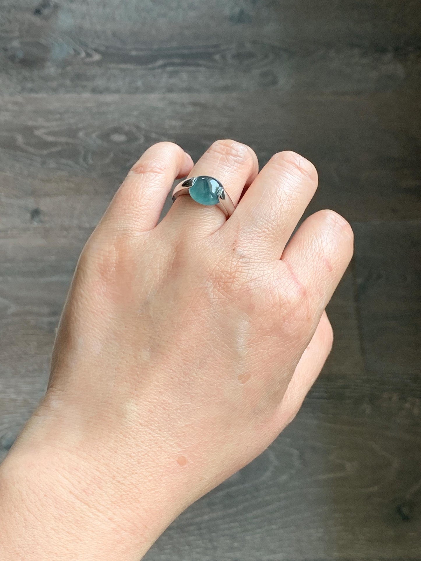 Natural Grade A Guatemalan Icy Translucent Dark Teal Blue Oval Cabochon Jade Jadeite Ring Sterling Silver Size 7.5 US 6g 天然冰危蓝绿翡翠银镶戒指WHS512B