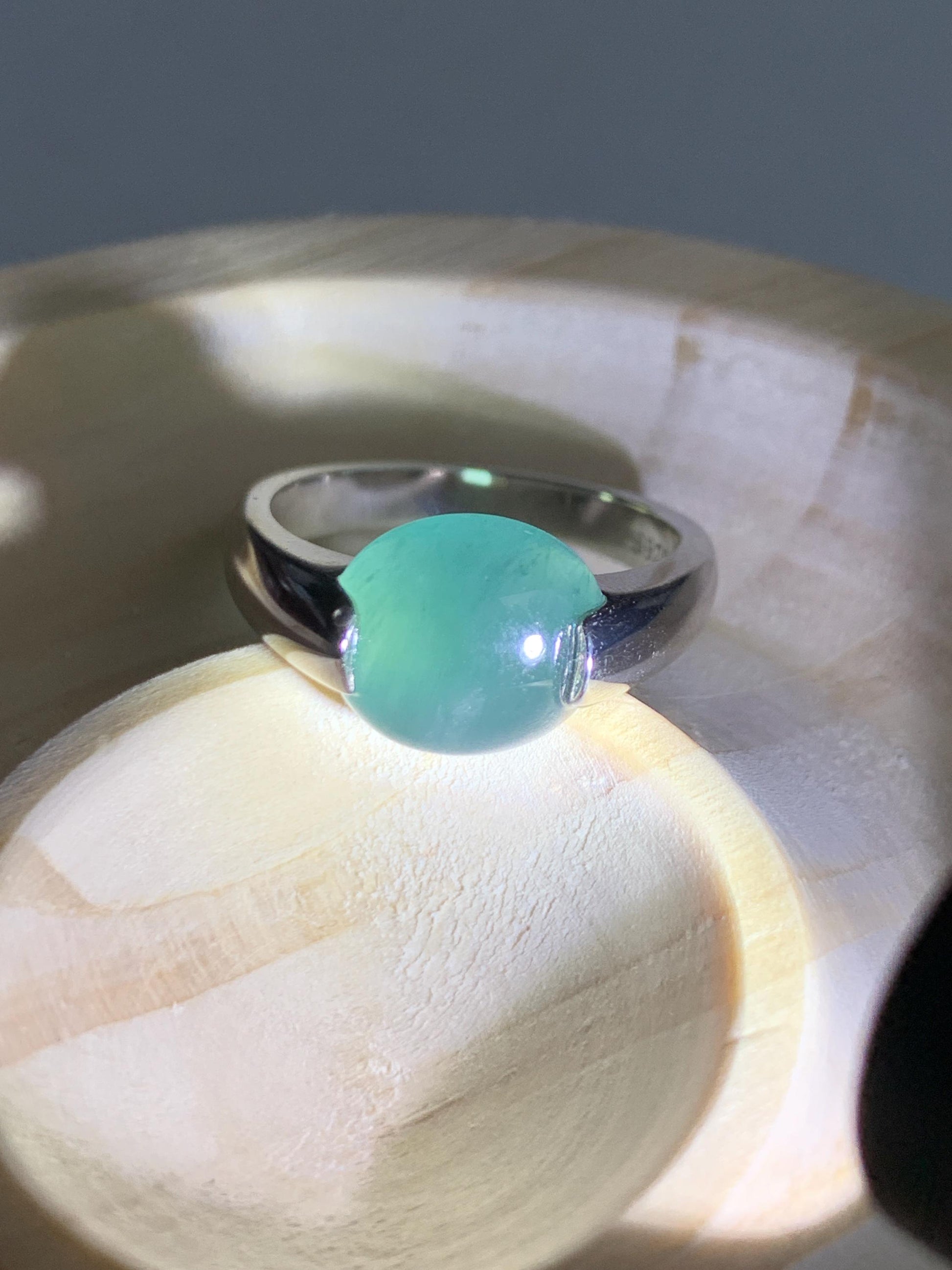 Natural Grade A Guatemalan Icy Translucent Dark Teal Blue Oval Cabochon Jade Jadeite Ring Sterling Silver Size 7.5 US 6g 天然冰危蓝绿翡翠银镶戒指WHS512B