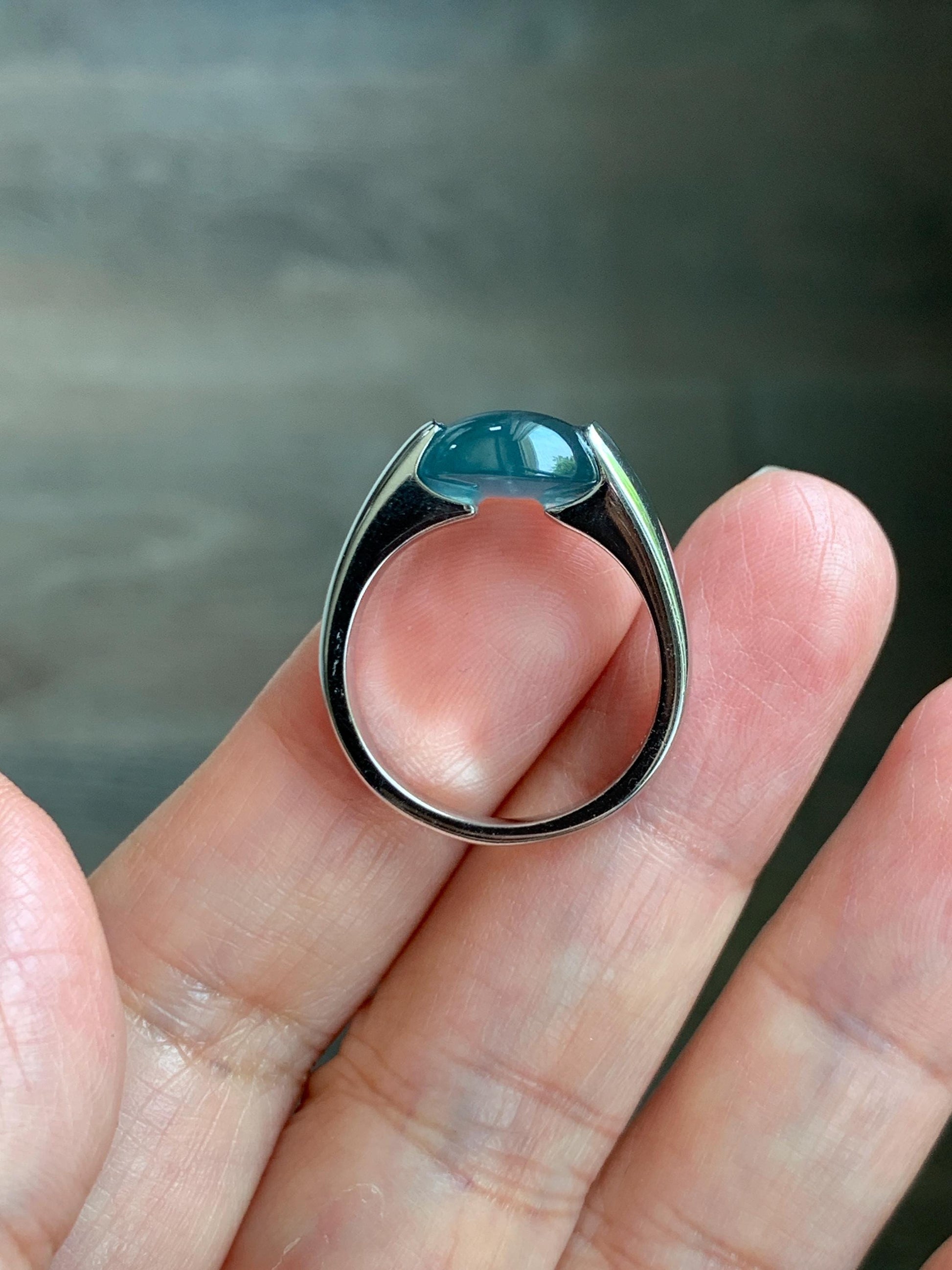 Natural Grade A Guatemalan Icy Translucent Dark Teal Blue Oval Cabochon Jade Jadeite Ring Sterling Silver Size 7.5 US 6g 天然冰危蓝绿翡翠银镶戒指WHS512B