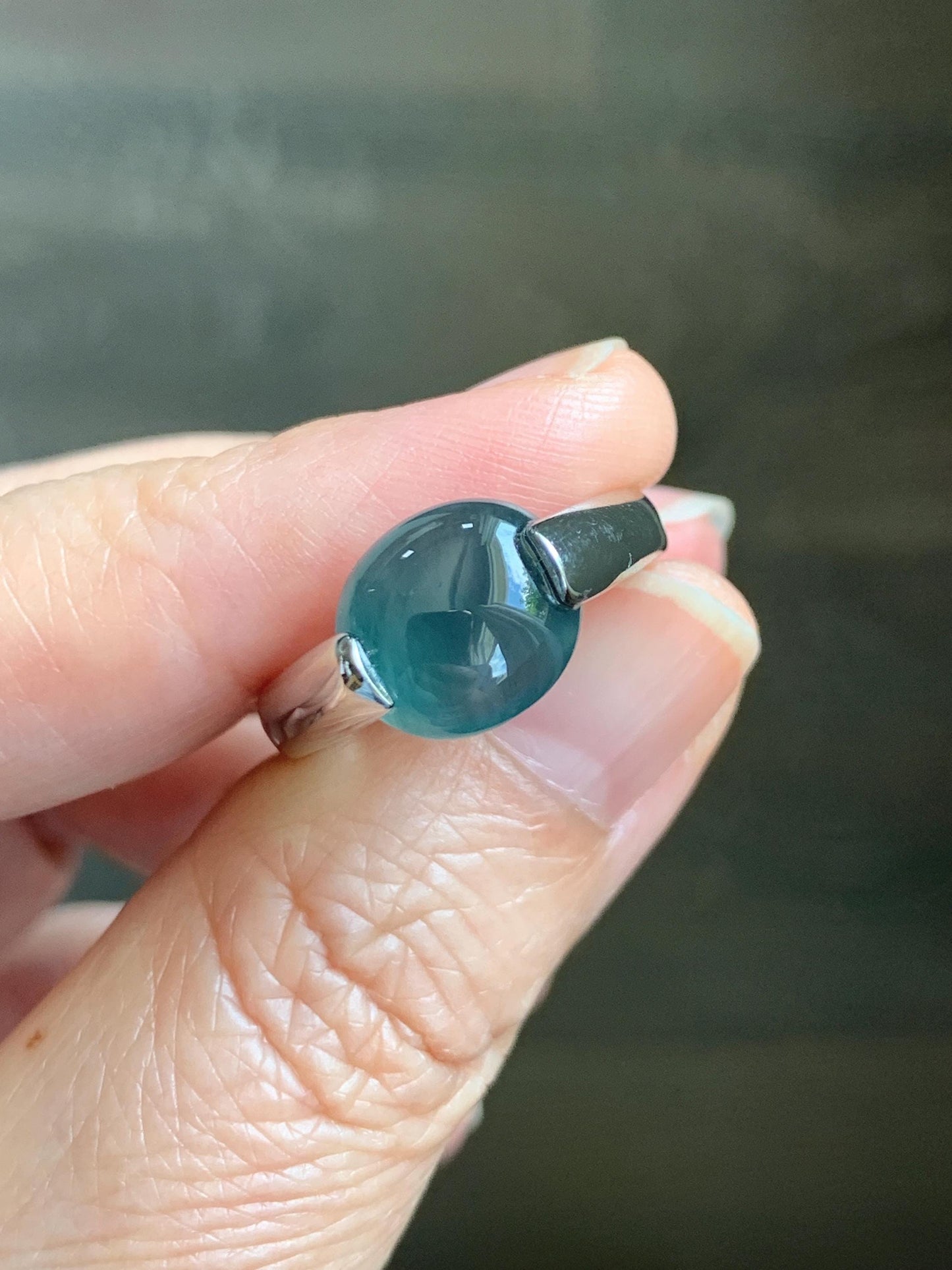 Natural Grade A Guatemalan Icy Translucent Dark Teal Blue Oval Cabochon Jade Jadeite Ring Sterling Silver Size 7.5 US 6g 天然冰危蓝绿翡翠银镶戒指WHS512B