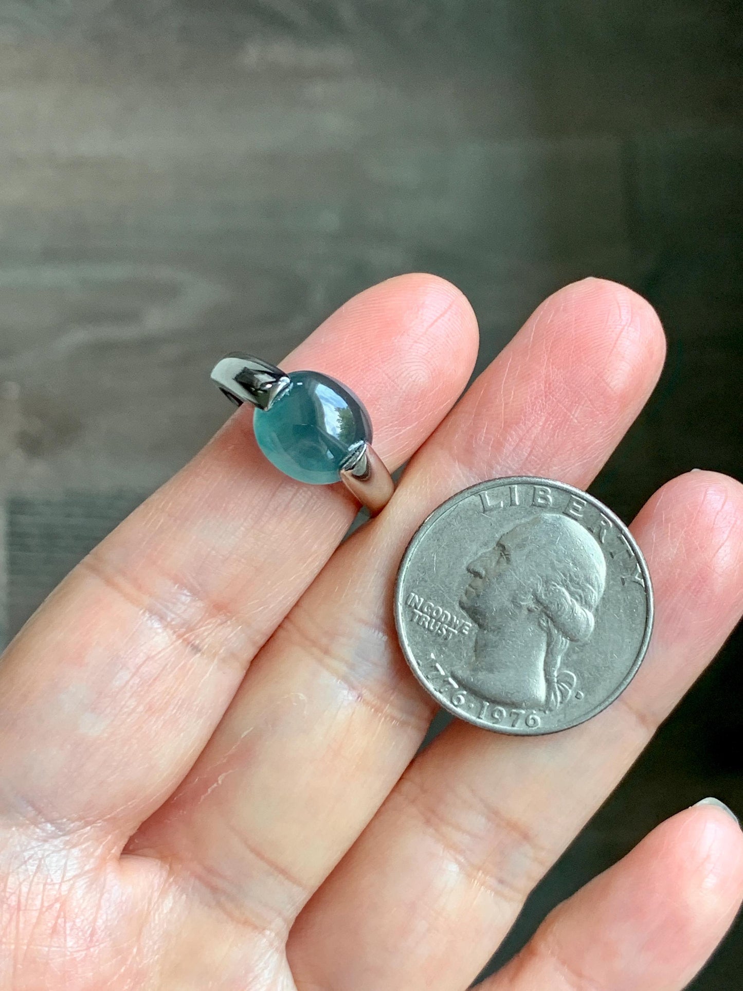 Natural Grade A Guatemalan Icy Translucent Dark Teal Blue Oval Cabochon Jade Jadeite Ring Sterling Silver Size 7.5 US 6g 天然冰危蓝绿翡翠银镶戒指WHS512B
