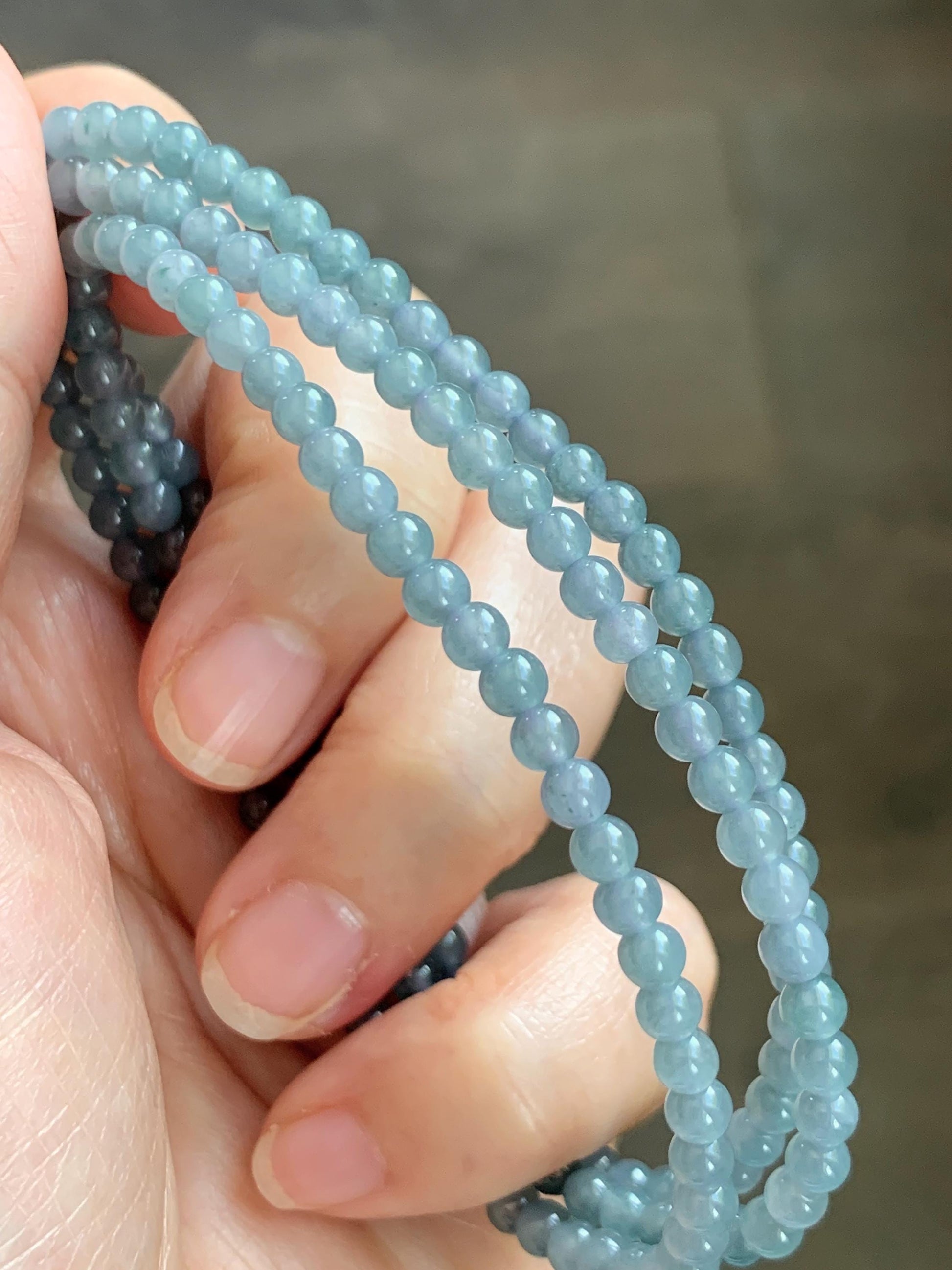 Grade A Natural Guatemalan Icy Translucent Light Dusty Blue Jade Jadeite Petite Beads Beaded Necklace 3.8mm 22.75” 16g 天然冰危浅灰蓝翡翠小圆珠项链 WXC110