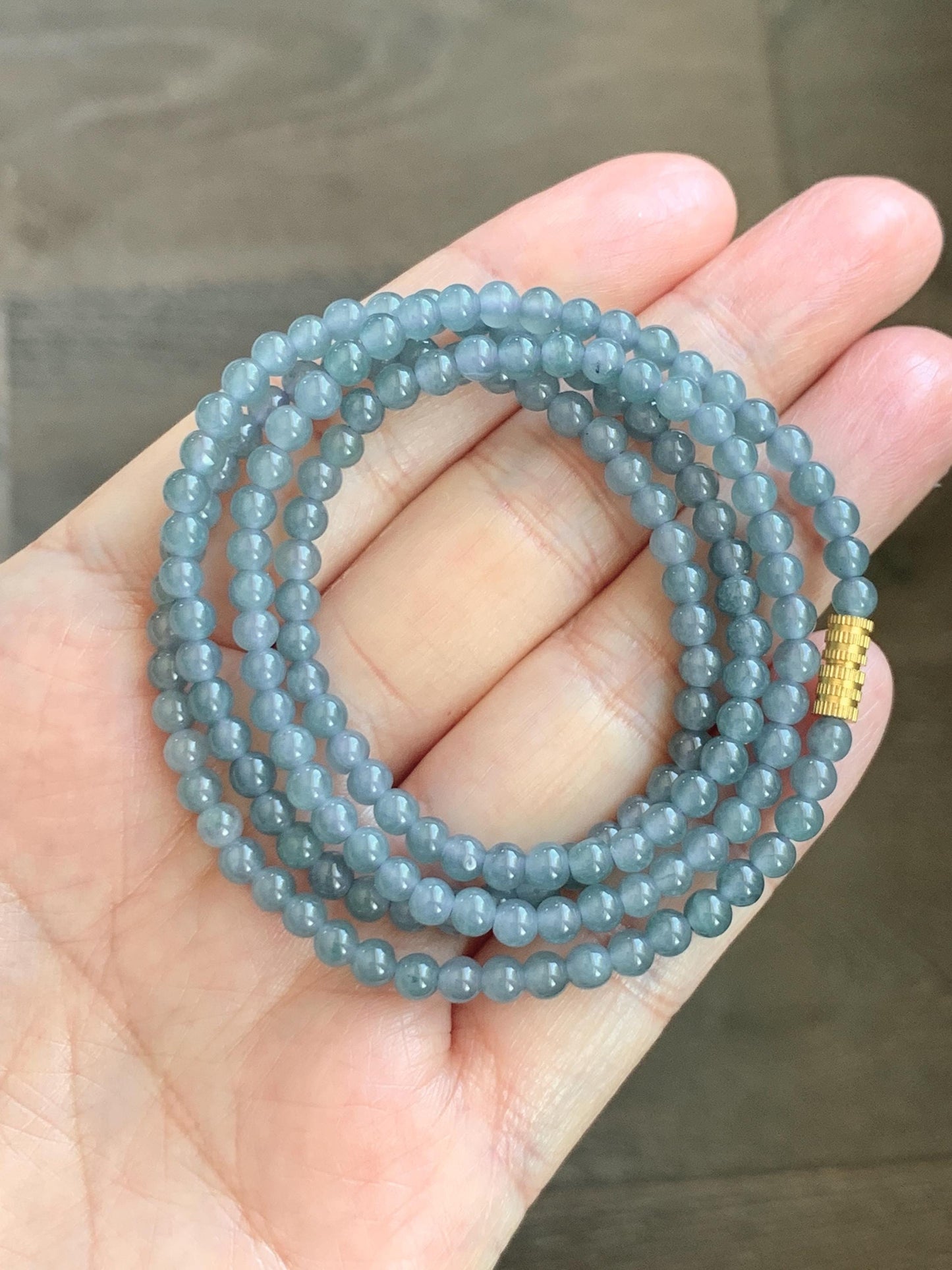 Grade A Natural Guatemalan Icy Translucent Light Dusty Blue Jade Jadeite Petite Beads Beaded Necklace 3.8mm 22.75” 16g 天然冰危浅灰蓝翡翠小圆珠项链 WXC110