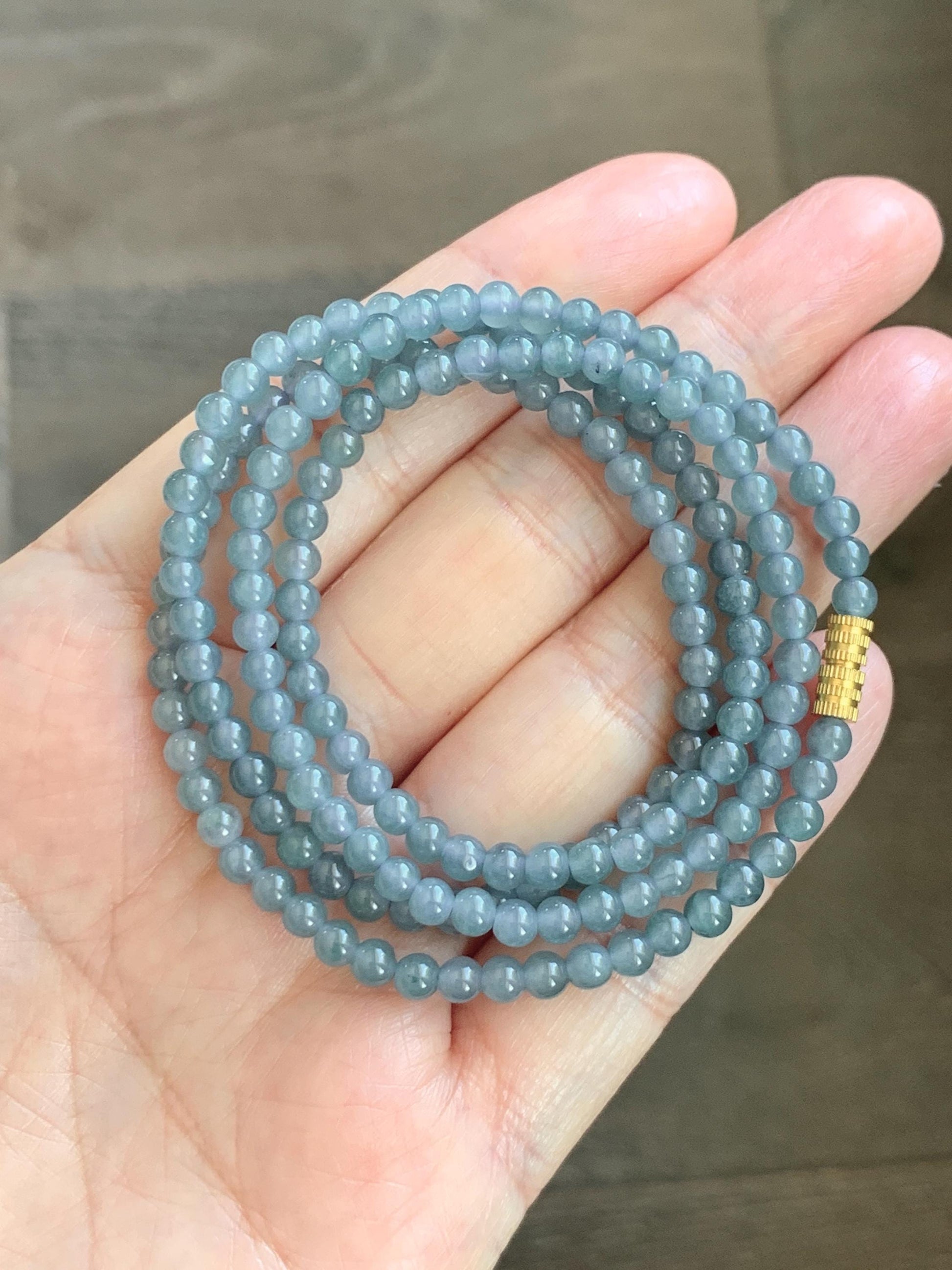 Grade A Natural Guatemalan Icy Translucent Light Dusty Blue Jade Jadeite Petite Beads Beaded Necklace 3.8mm 22.75” 16g 天然冰危浅灰蓝翡翠小圆珠项链 WXC110