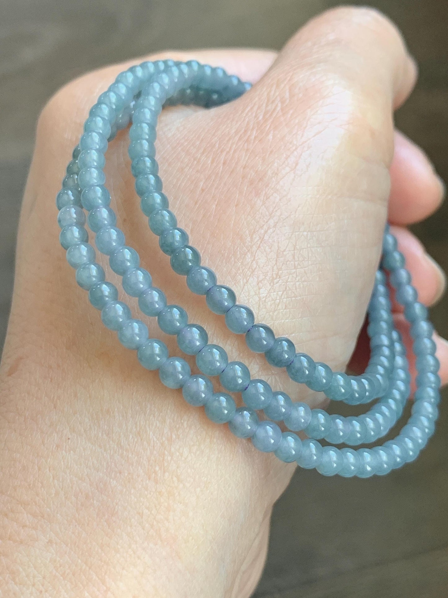 Grade A Natural Guatemalan Icy Translucent Light Dusty Blue Jade Jadeite Petite Beads Beaded Necklace 3.8mm 22.75” 16g 天然冰危浅灰蓝翡翠小圆珠项链 WXC110