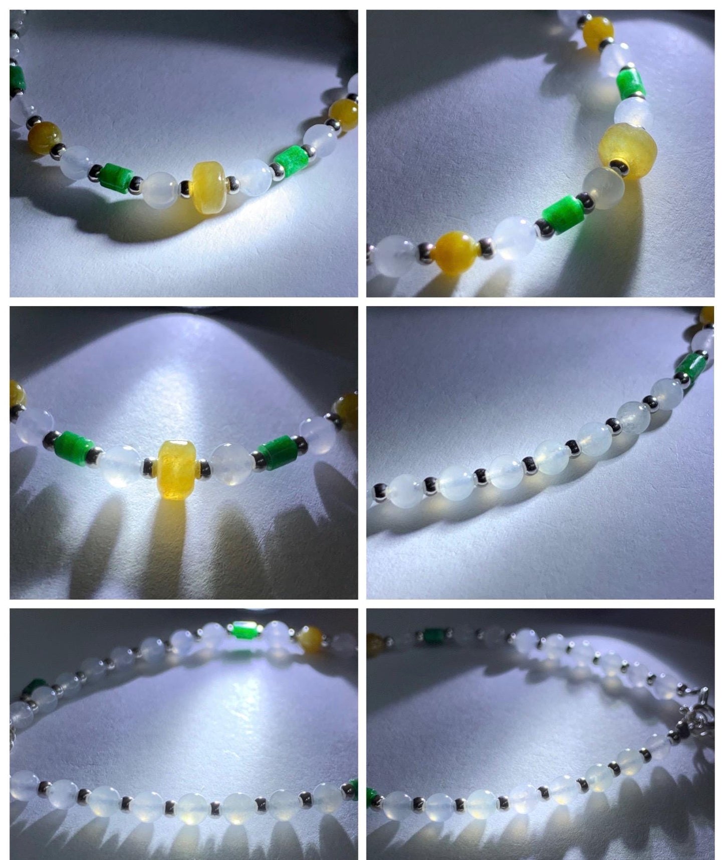 Petite Natural Grade A Icy Highly Translucent Multicolored Jade Jadeite Beads Sterling Silver Beaded Bracelet 6.5”-7.25” 天然冰多宝翡翠小珠手串 MXB550B