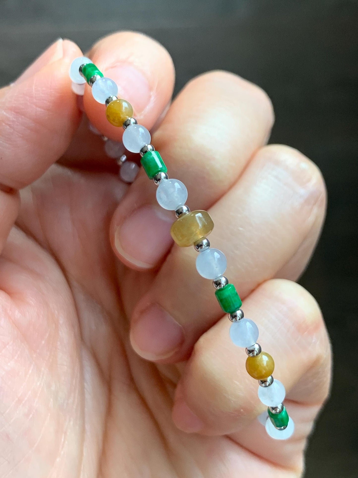 Petite Natural Grade A Icy Highly Translucent Multicolored Jade Jadeite Beads Sterling Silver Beaded Bracelet 6.5”-7.25” 天然冰多宝翡翠小珠手串 MXB550B