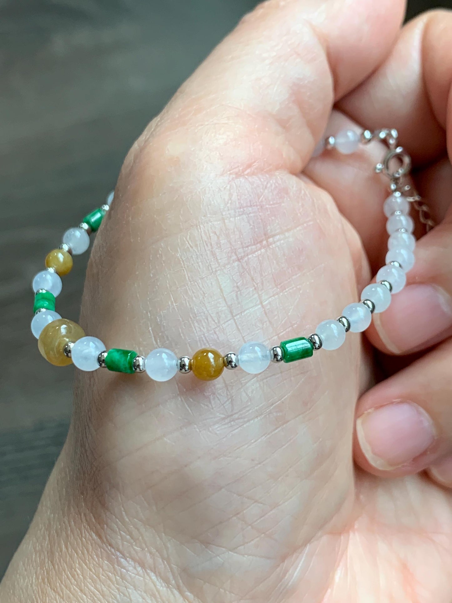 Petite Natural Grade A Icy Highly Translucent Multicolored Jade Jadeite Beads Sterling Silver Beaded Bracelet 6.5”-7.25” 天然冰多宝翡翠小珠手串 MXB550B