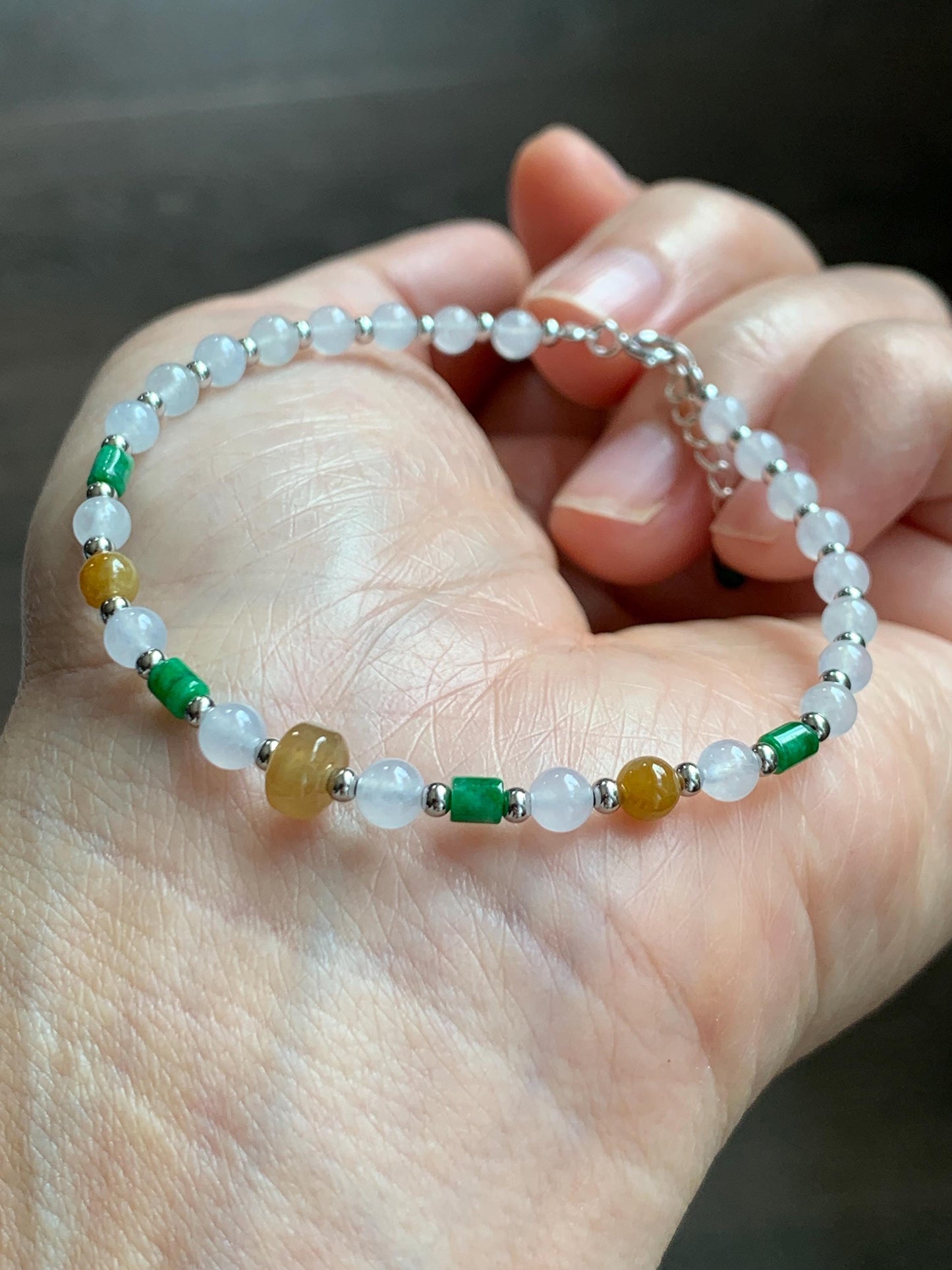 Petite Natural Grade A Icy Highly Translucent Multicolored Jade Jadeite Beads Sterling Silver Beaded Bracelet 6.5”-7.25” 天然冰多宝翡翠小珠手串 MXB550B