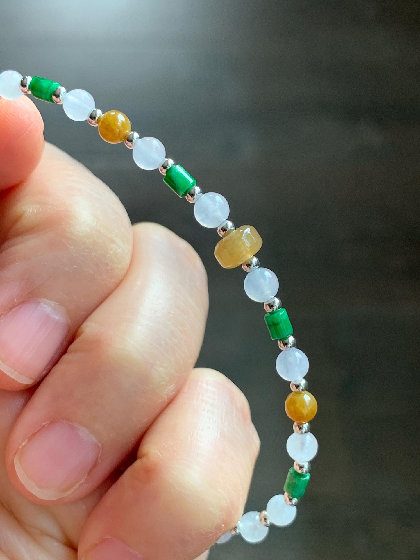 Petite Natural Grade A Icy Highly Translucent Multicolored Jade Jadeite Beads Sterling Silver Beaded Bracelet 6.5”-7.25” 天然冰多宝翡翠小珠手串 MXB550B
