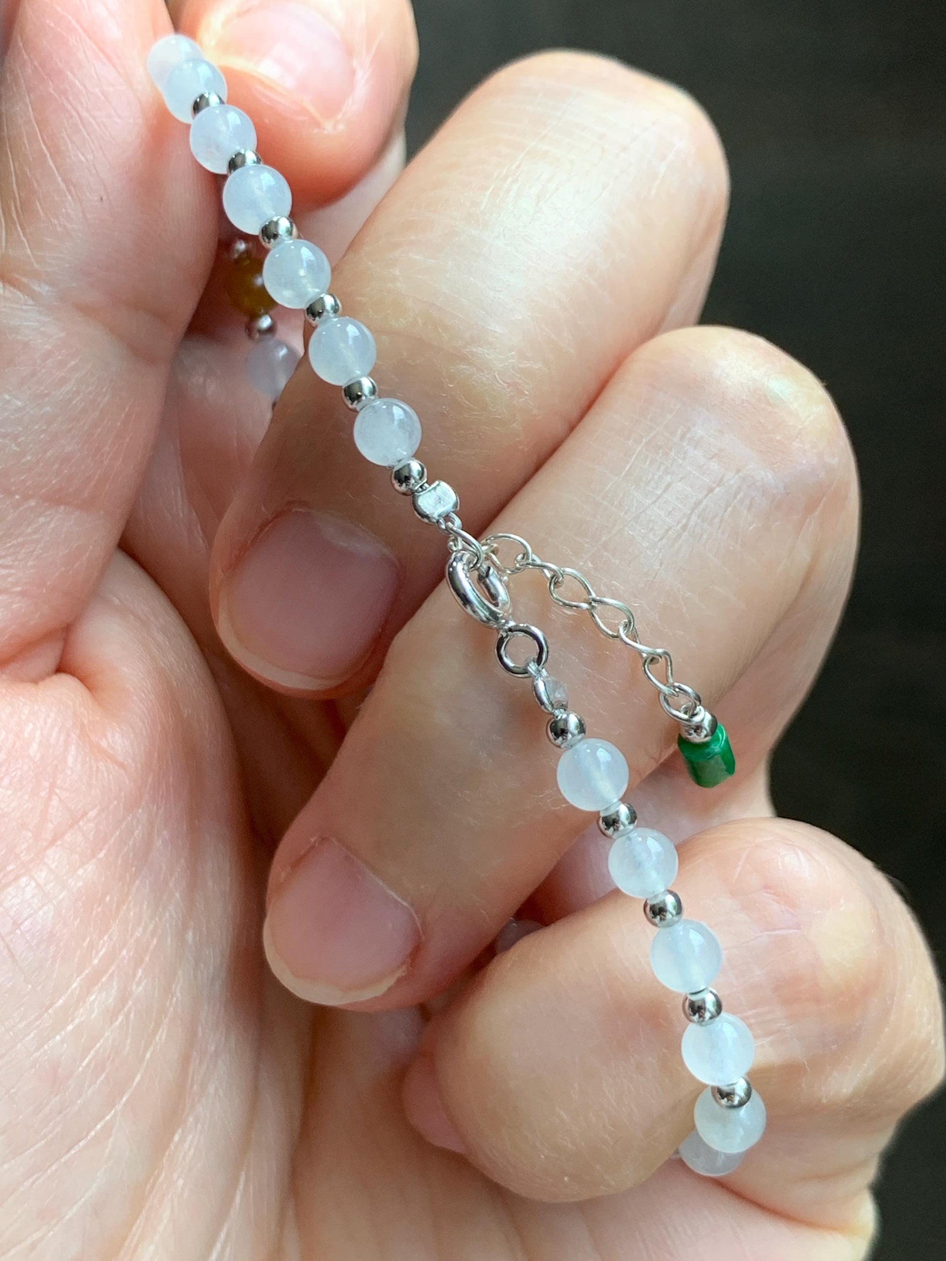 Petite Natural Grade A Icy Highly Translucent Multicolored Jade Jadeite Beads Sterling Silver Beaded Bracelet 6.5”-7.25” 天然冰多宝翡翠小珠手串 MXB550B