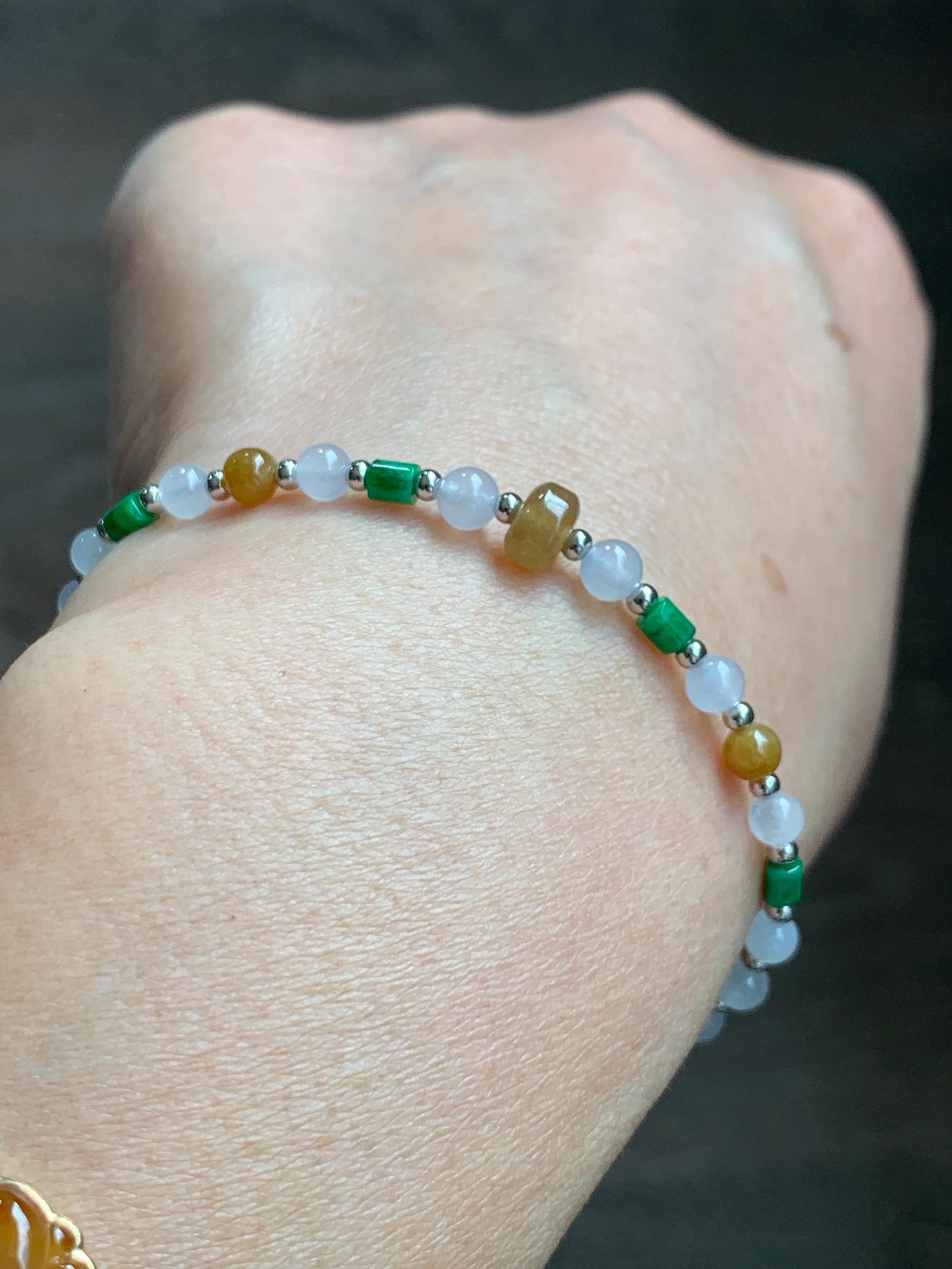 Petite Natural Grade A Icy Highly Translucent Multicolored Jade Jadeite Beads Sterling Silver Beaded Bracelet 6.5”-7.25” 天然冰多宝翡翠小珠手串 MXB550B