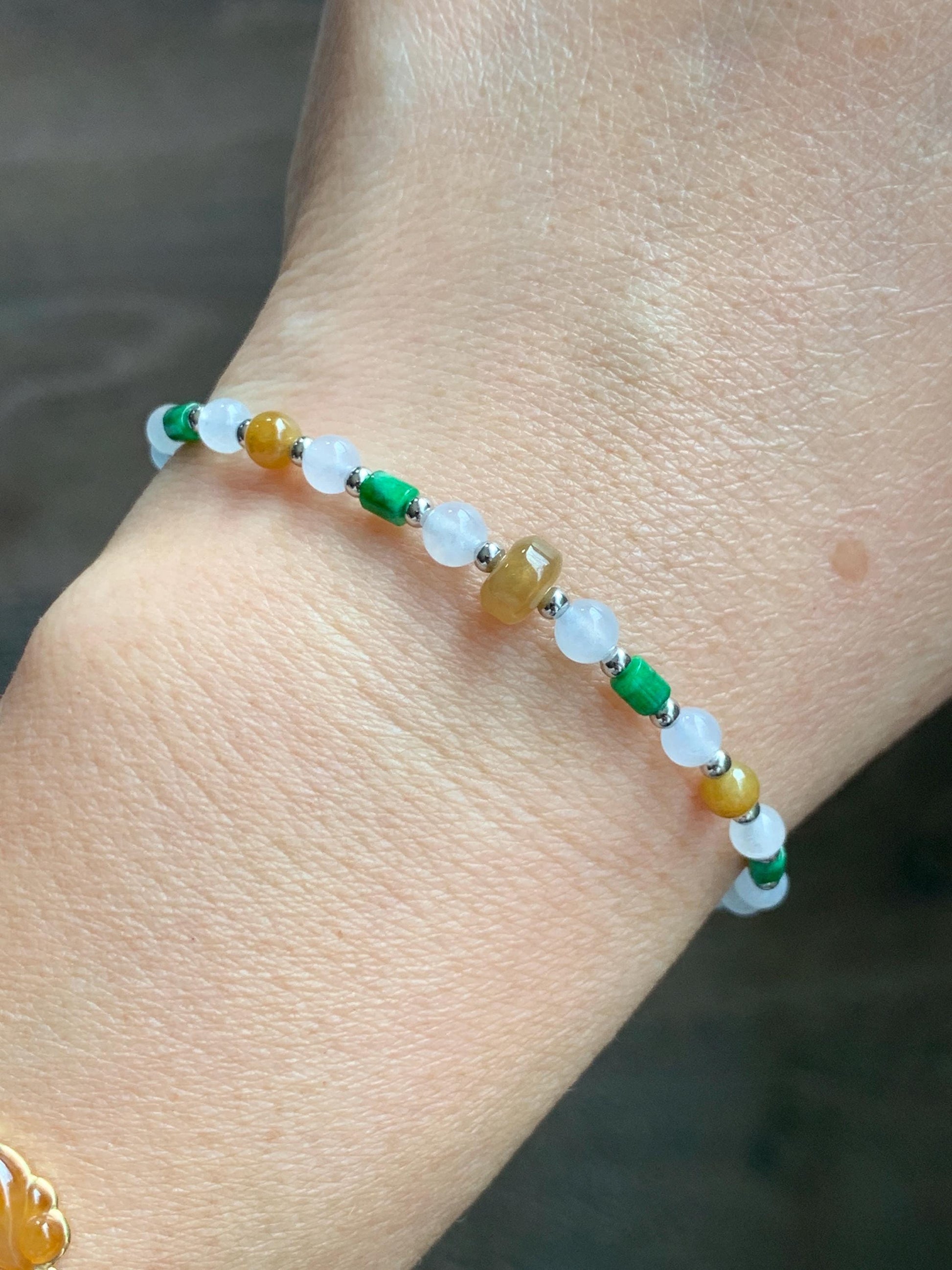 Petite Natural Grade A Icy Highly Translucent Multicolored Jade Jadeite Beads Sterling Silver Beaded Bracelet 6.5”-7.25” 天然冰多宝翡翠小珠手串 MXB550B