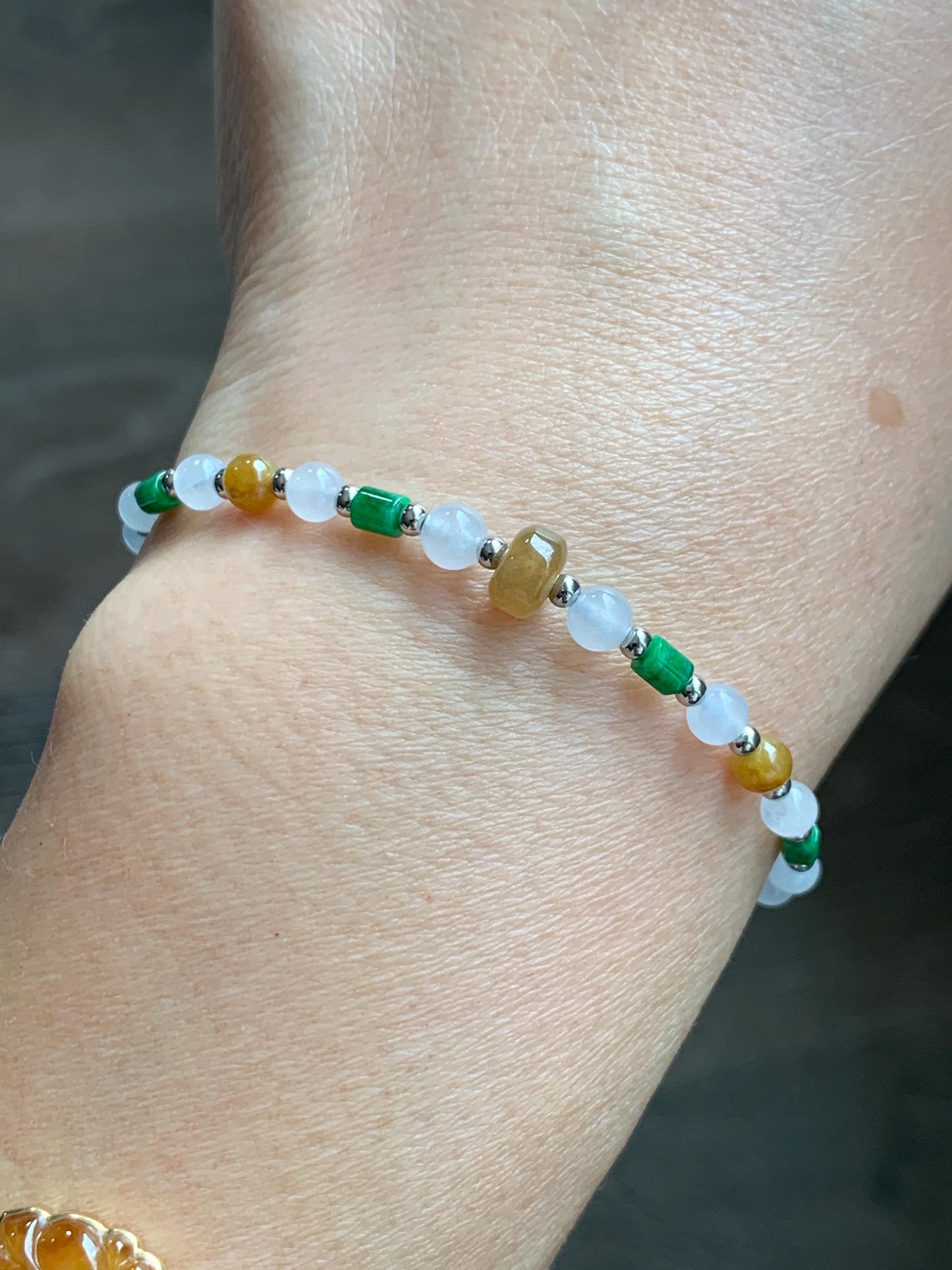 Petite Natural Grade A Icy Highly Translucent Multicolored Jade Jadeite Beads Sterling Silver Beaded Bracelet 6.5”-7.25” 天然冰多宝翡翠小珠手串 MXB550B
