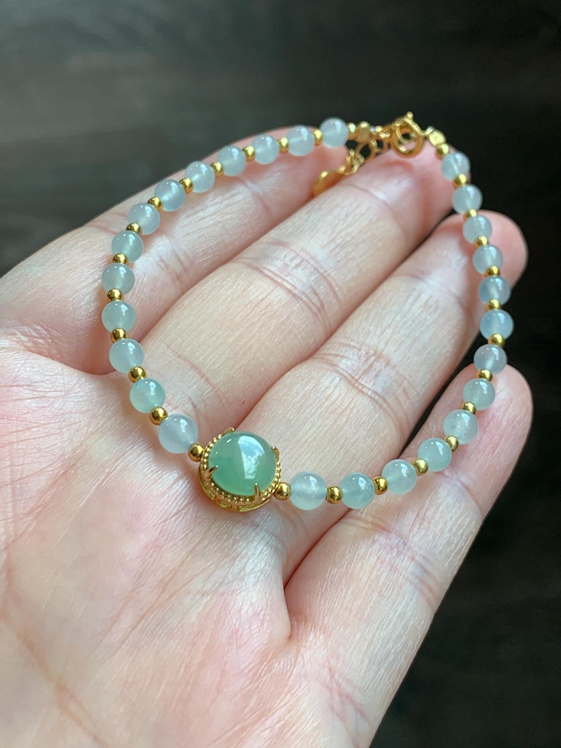 Petite Natural Grade A Icy Highly Translucent Light Green Jade Jadeite Beads Sterling Silver Beaded Bracelet 6.75”-7.5” 天然晴绿翡翠小珠手串 MXB550C