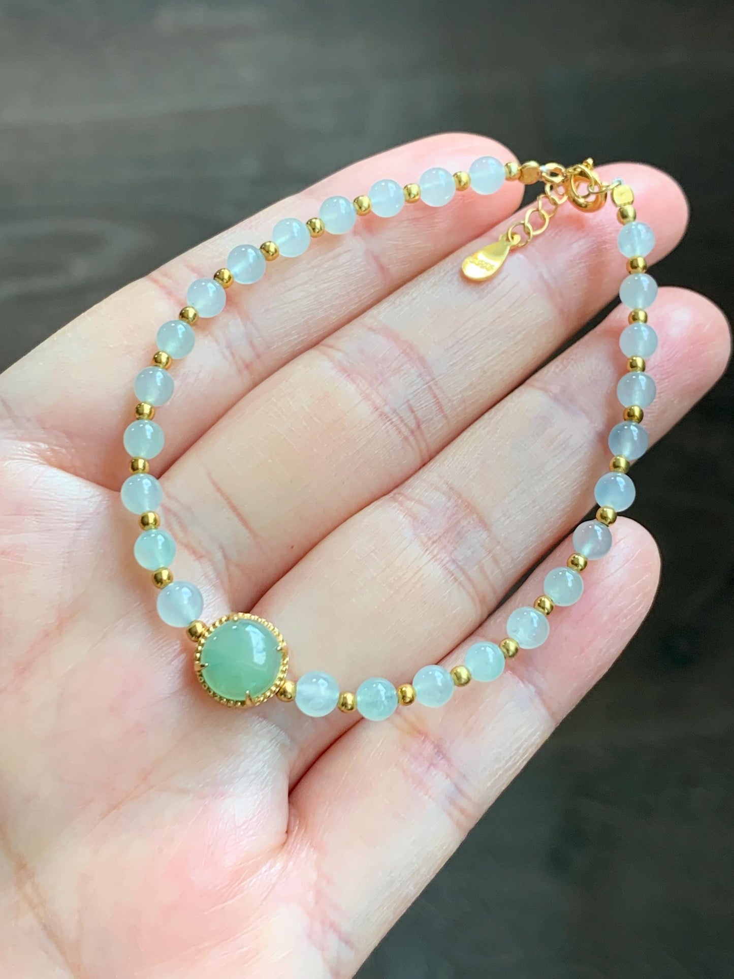 Petite Natural Grade A Icy Highly Translucent Light Green Jade Jadeite Beads Sterling Silver Beaded Bracelet 6.75”-7.5” 天然晴绿翡翠小珠手串 MXB550C