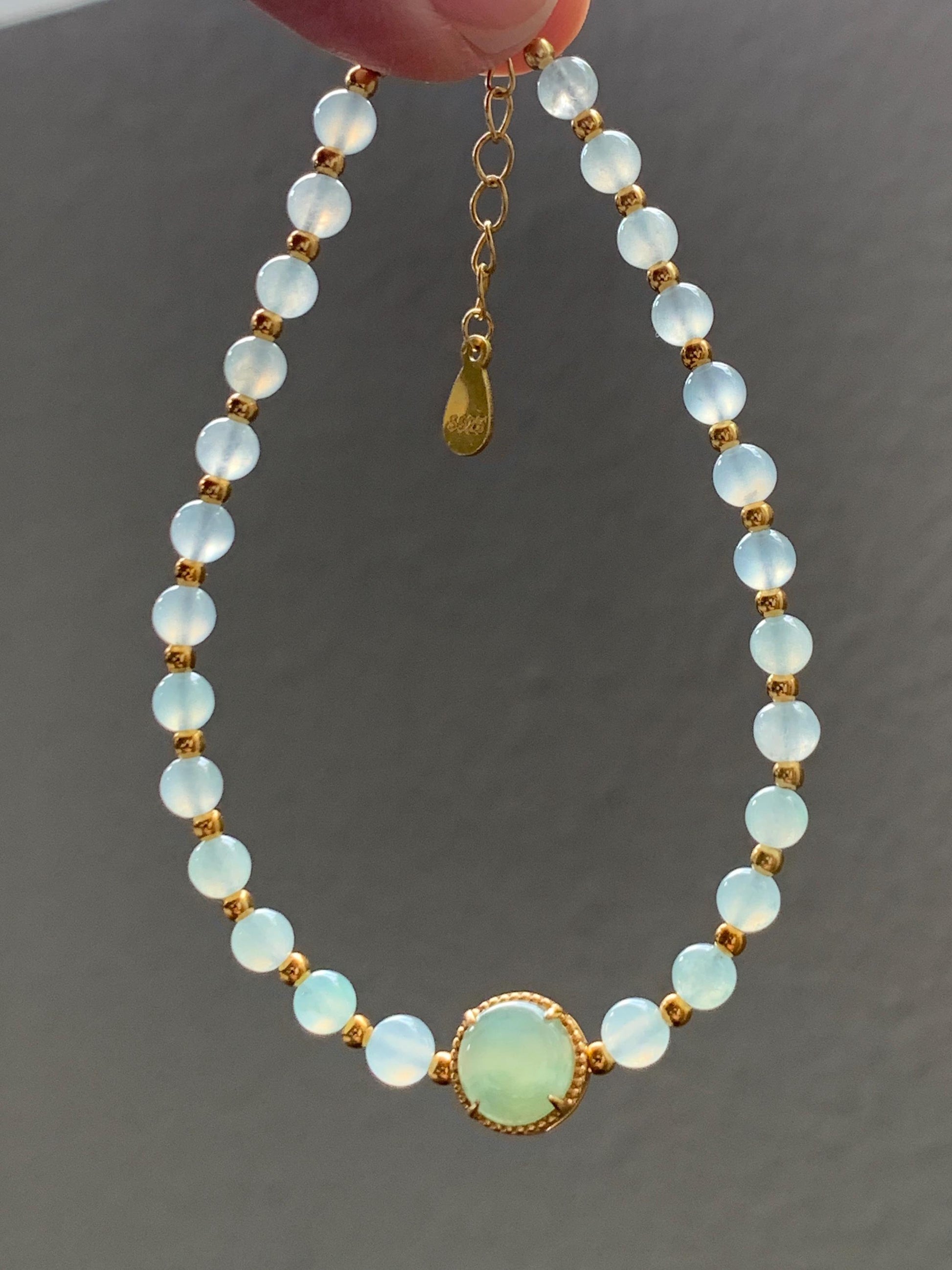 Petite Natural Grade A Icy Highly Translucent Light Green Jade Jadeite Beads Sterling Silver Beaded Bracelet 6.75”-7.5” 天然晴绿翡翠小珠手串 MXB550C