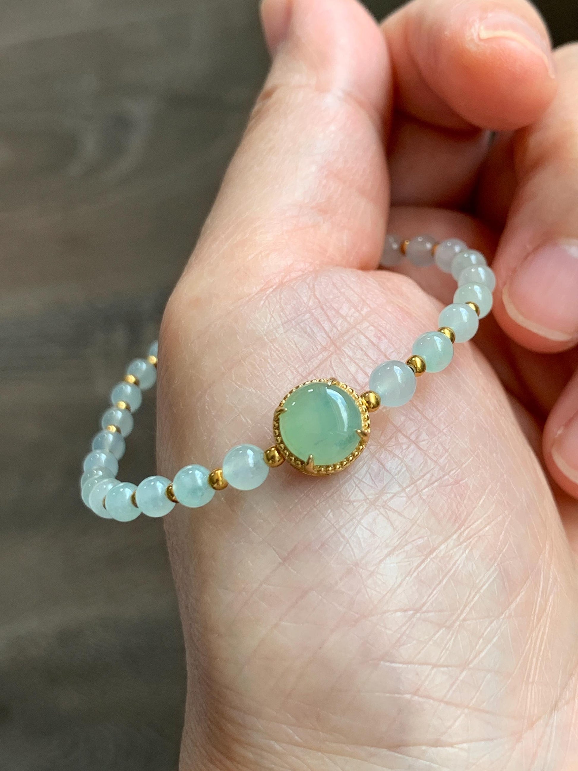 Petite Natural Grade A Icy Highly Translucent Light Green Jade Jadeite Beads Sterling Silver Beaded Bracelet 6.75”-7.5” 天然晴绿翡翠小珠手串 MXB550C