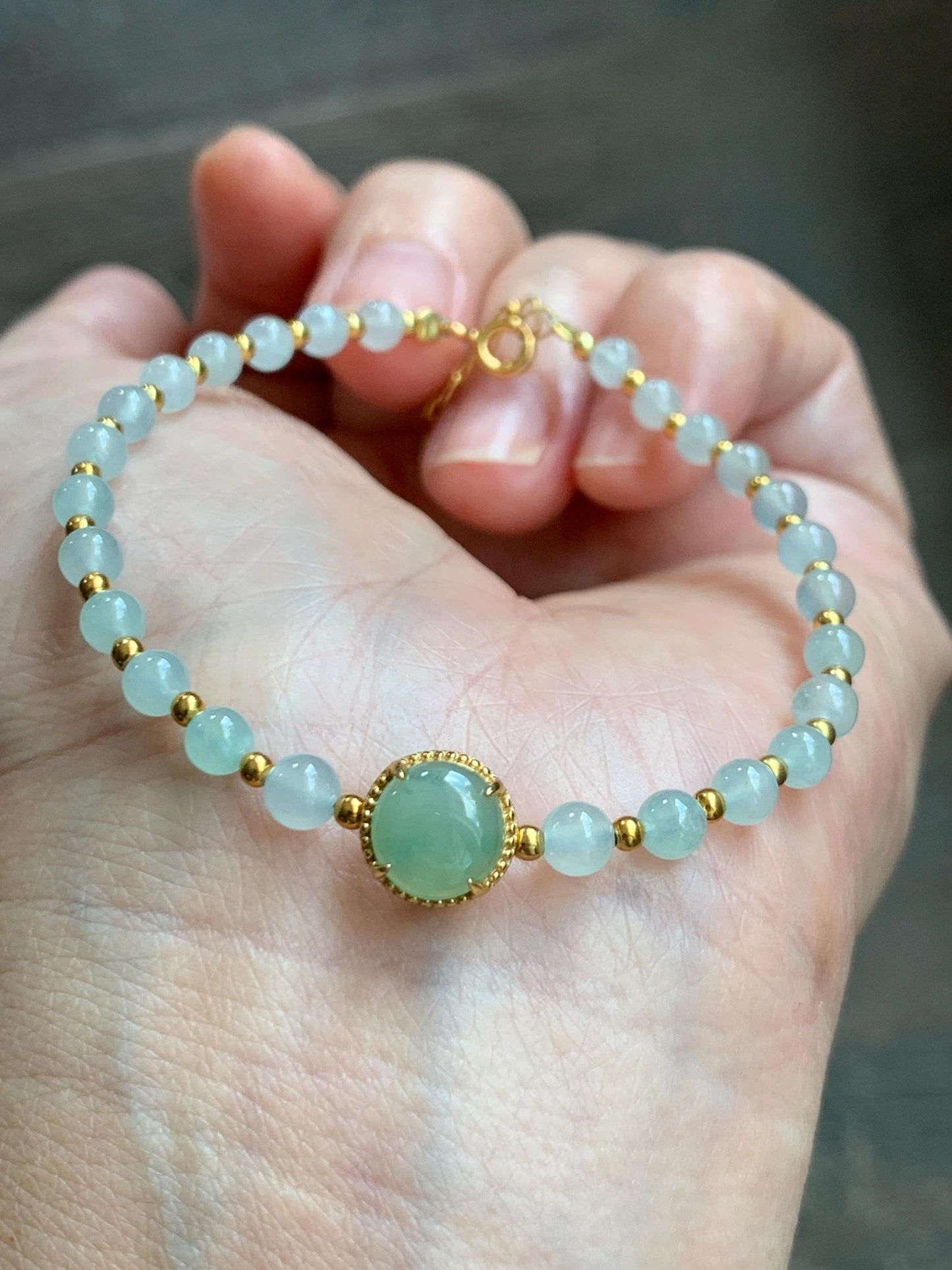 Petite Natural Grade A Icy Highly Translucent Light Green Jade Jadeite Beads Sterling Silver Beaded Bracelet 6.75”-7.5” 天然晴绿翡翠小珠手串 MXB550C
