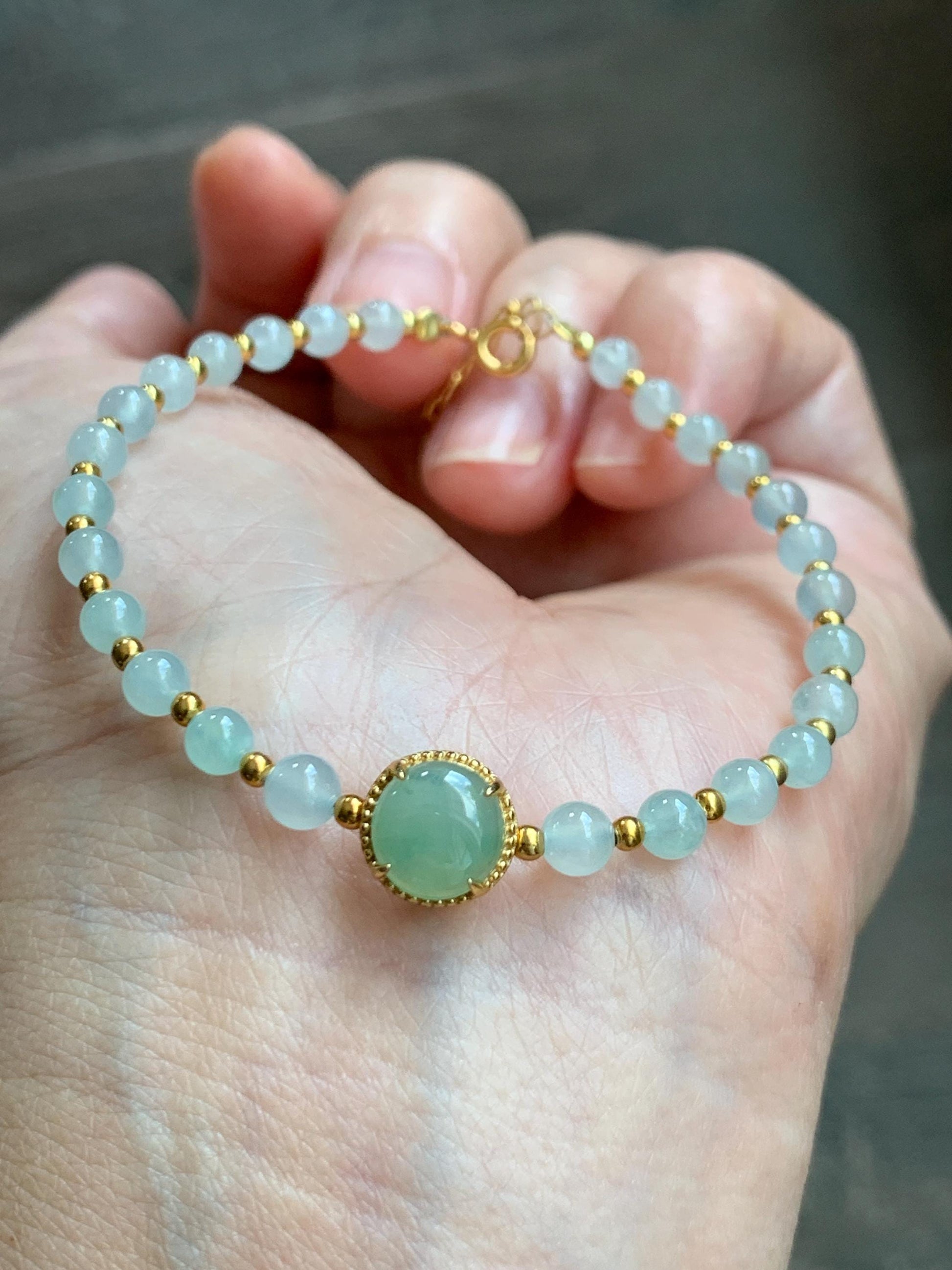 Petite Natural Grade A Icy Highly Translucent Light Green Jade Jadeite Beads Sterling Silver Beaded Bracelet 6.75”-7.5” 天然晴绿翡翠小珠手串 MXB550C