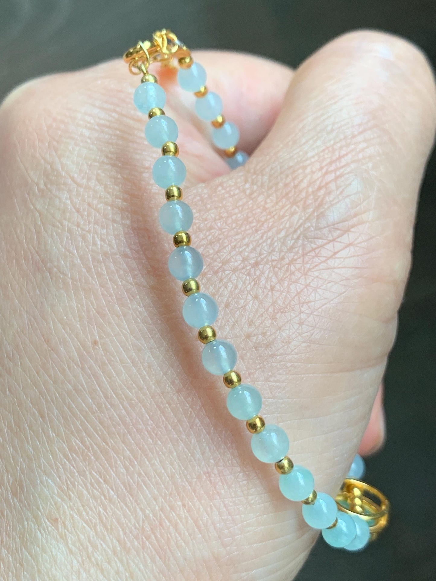 Petite Natural Grade A Icy Highly Translucent Light Green Jade Jadeite Beads Sterling Silver Beaded Bracelet 6.75”-7.5” 天然晴绿翡翠小珠手串 MXB550C