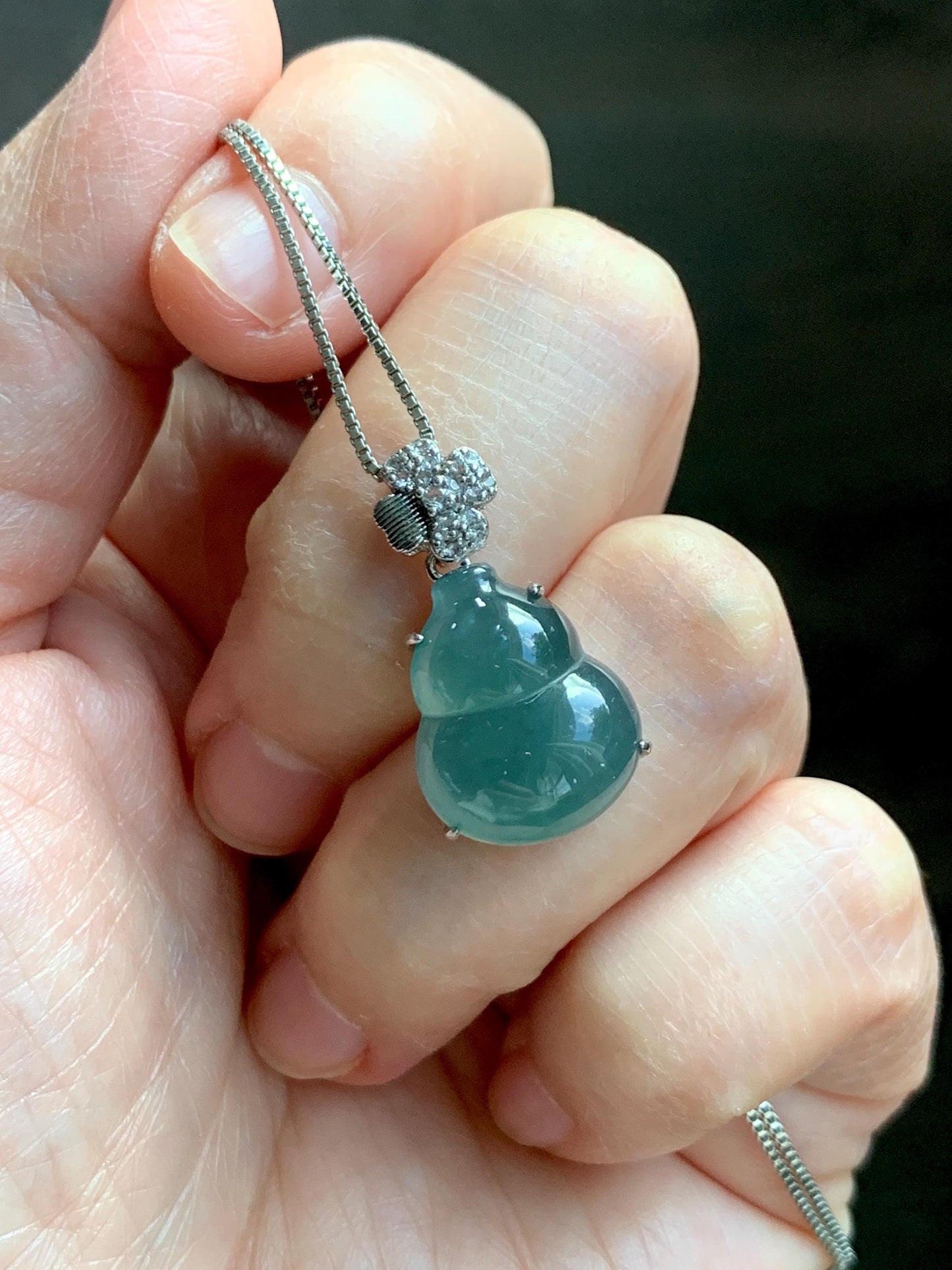 Natural Grade A Guatemalan Icy Translucent Dusty Teal Green Jade Jadeite Gourd Hulu Pendant Sterling Silver 3g 天然冰危暗蓝绿翡翠葫芦吊坠 WHL77A