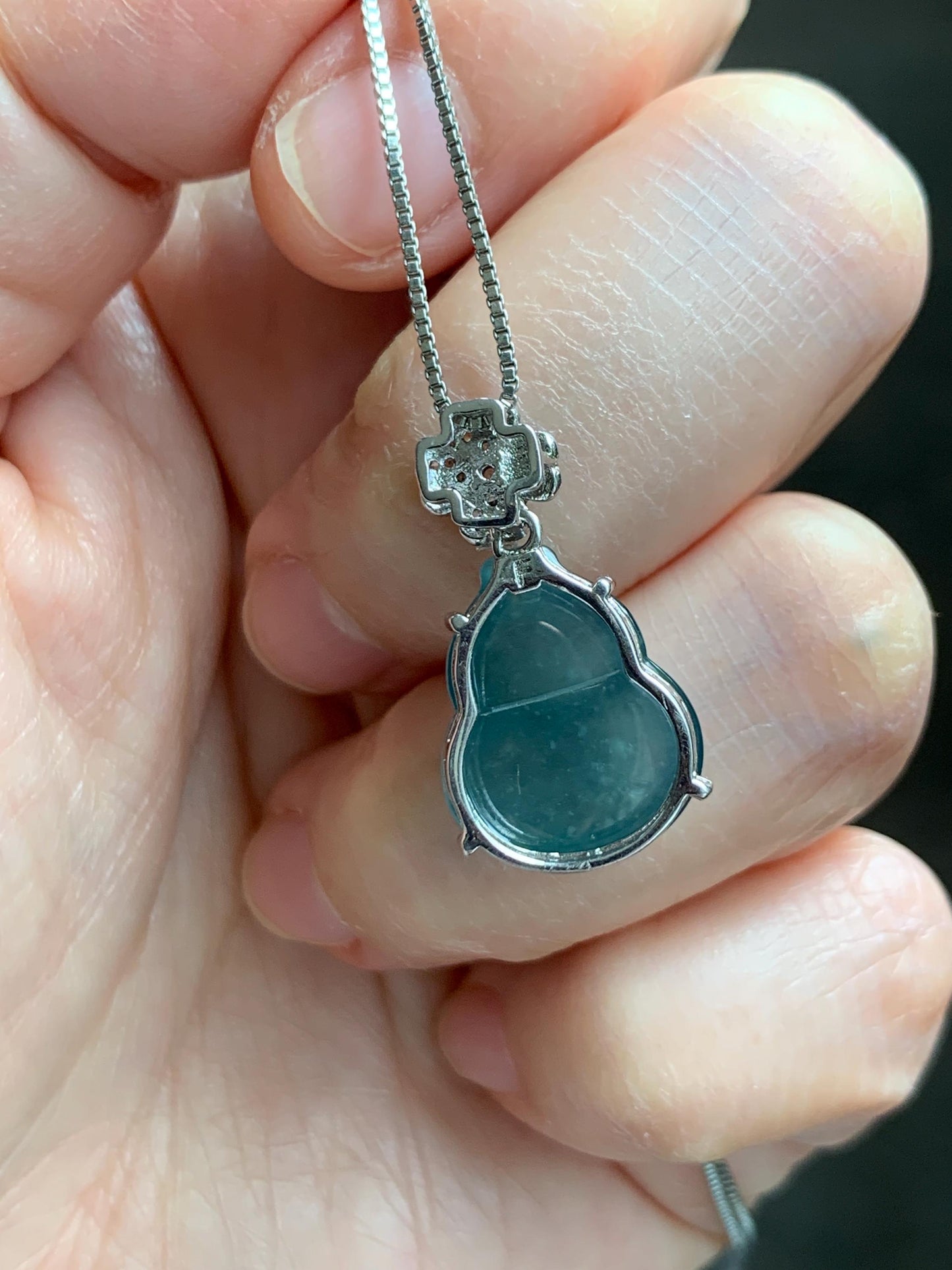 Natural Grade A Guatemalan Icy Translucent Dusty Teal Green Jade Jadeite Gourd Hulu Pendant Sterling Silver 3g 天然冰危暗蓝绿翡翠葫芦吊坠 WHL77A