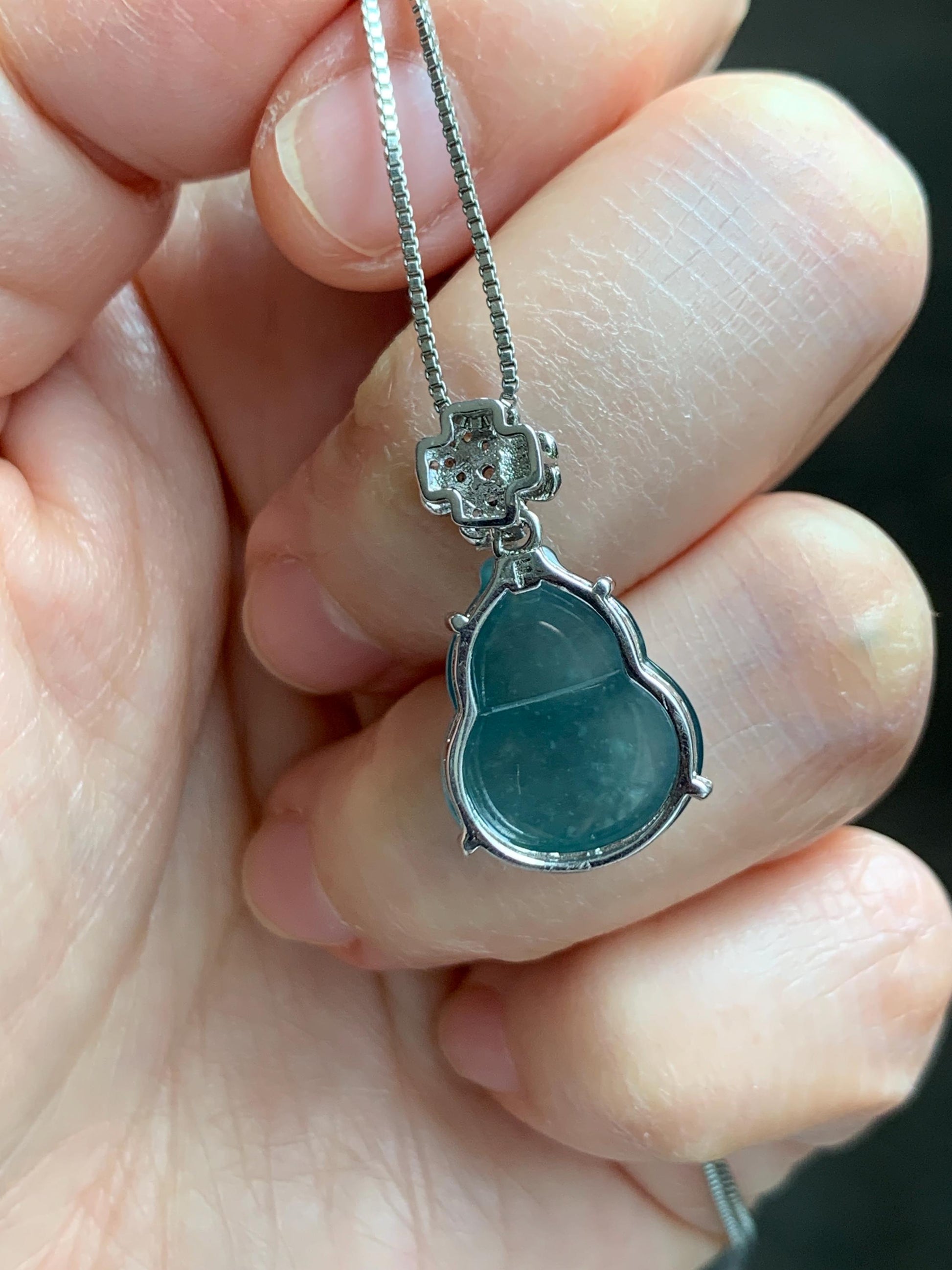 Natural Grade A Guatemalan Icy Translucent Dusty Teal Green Jade Jadeite Gourd Hulu Pendant Sterling Silver 3g 天然冰危暗蓝绿翡翠葫芦吊坠 WHL77A