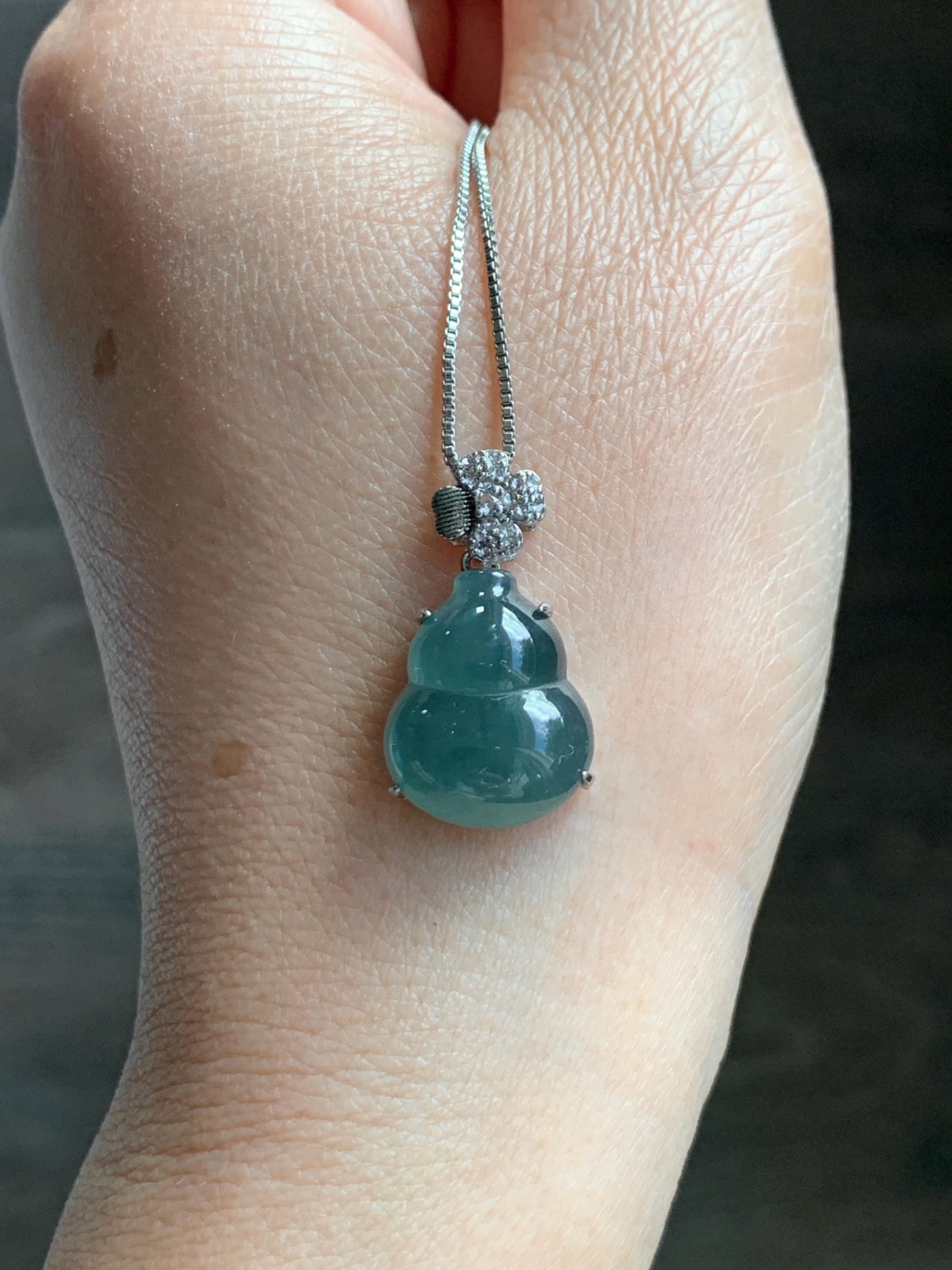 Natural Grade A Guatemalan Icy Translucent Dusty Teal Green Jade Jadeite Gourd Hulu Pendant Sterling Silver 3g 天然冰危暗蓝绿翡翠葫芦吊坠 WHL77A