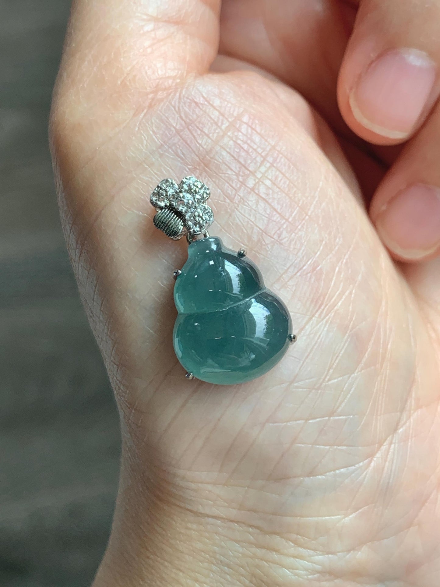 Natural Grade A Guatemalan Icy Translucent Dusty Teal Green Jade Jadeite Gourd Hulu Pendant Sterling Silver 3g 天然冰危暗蓝绿翡翠葫芦吊坠 WHL77A