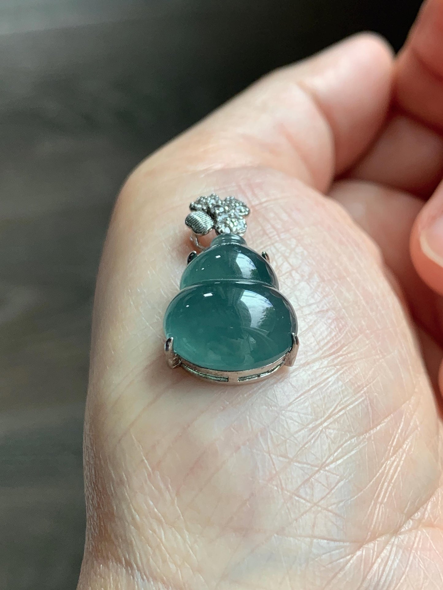 Natural Grade A Guatemalan Icy Translucent Dusty Teal Green Jade Jadeite Gourd Hulu Pendant Sterling Silver 3g 天然冰危暗蓝绿翡翠葫芦吊坠 WHL77A