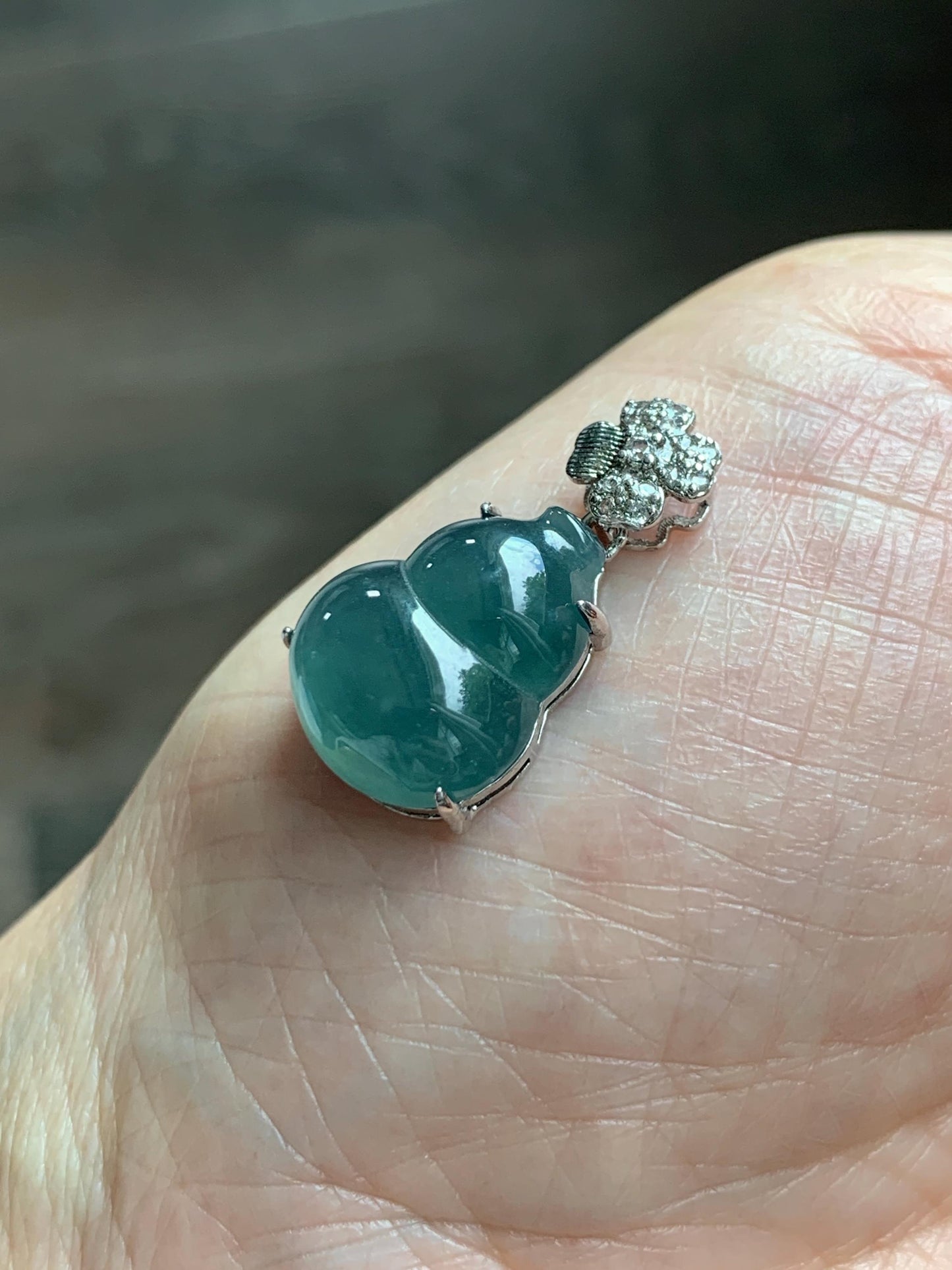 Natural Grade A Guatemalan Icy Translucent Dusty Teal Green Jade Jadeite Gourd Hulu Pendant Sterling Silver 3g 天然冰危暗蓝绿翡翠葫芦吊坠 WHL77A